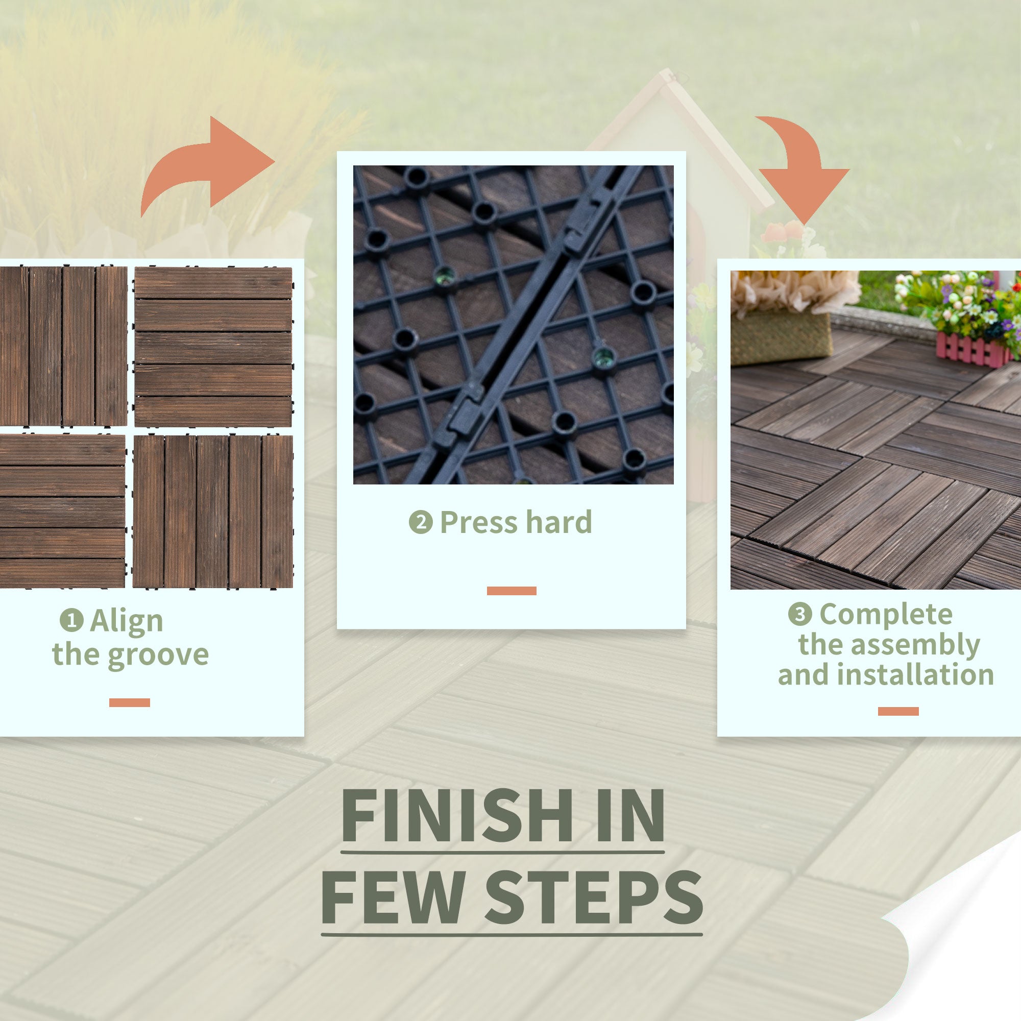 Kozy 27 Pcs Solid Wood Interlocking Decking Tiles For Patio, Balcony, Roof Terrace, Hot Tub, Black, (30 x 30 cm Per Piece)