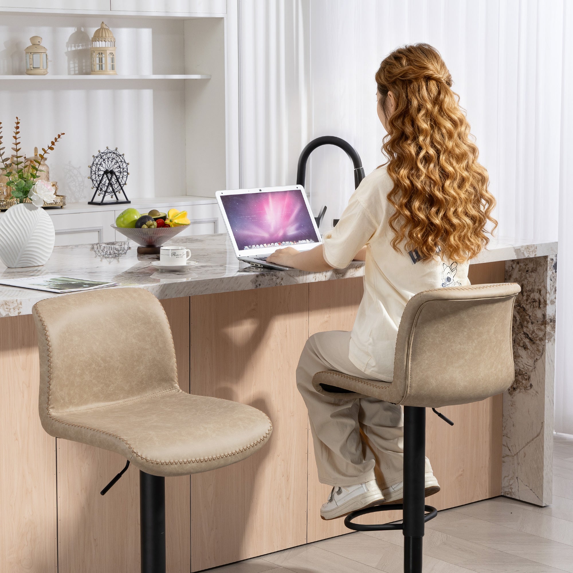 Kozy Bar Stools Set of 2, PU Leather Barstools with Backrest and Footrest for Kitchen, Counter, Breakfast Bar, Light Brown