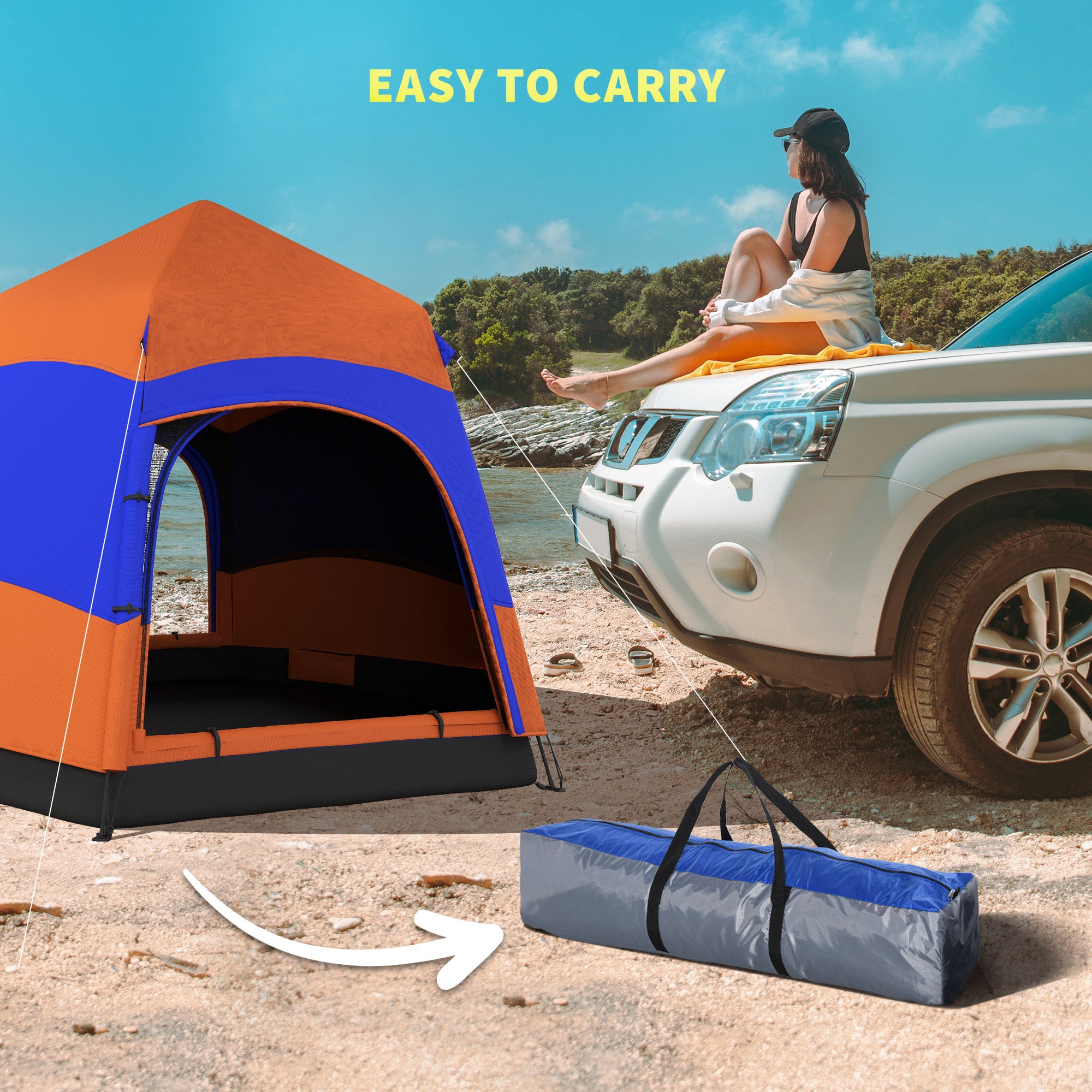 Kozy Six Man Hexagon Camping Tent with Hang Hook and Carry Bag - Orange and Blue