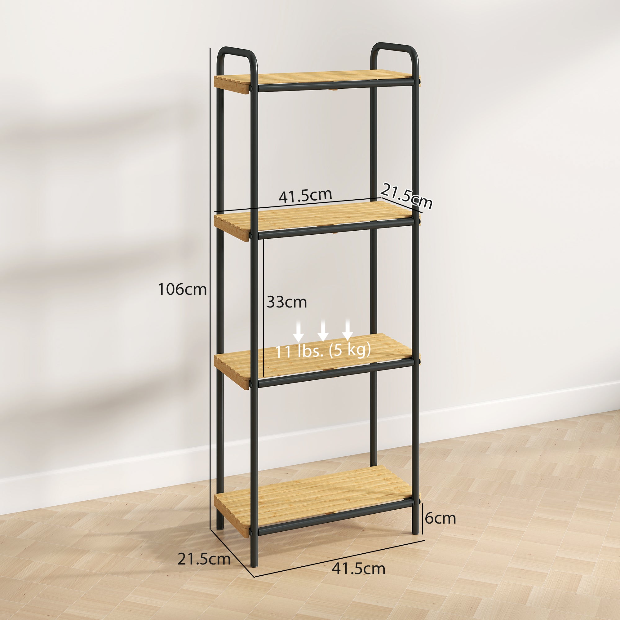 Kozy - 4-Tier Bamboo Bathroom Storage Shelf, Freestanding Narrow Shelving Unit with Slatted Shelves for Kitchen Bathroom Living Room, 41.5 x 21.5 x 106 cm, Natural and Black