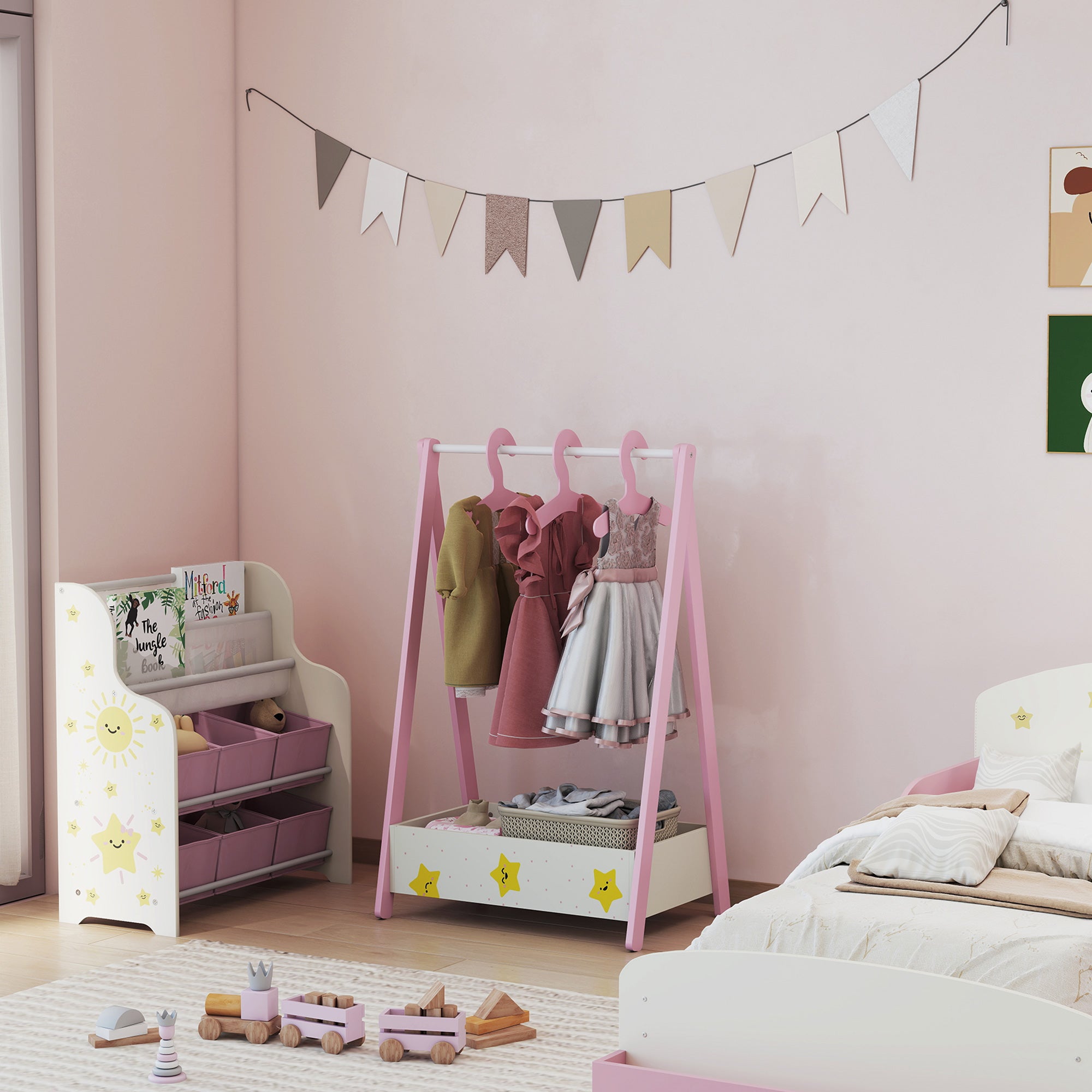AIYAPLAY Baby Clothing Rack with Hangers, Storage Shelf for Bedroom, Star Theme, for Ages 3-6, Pink