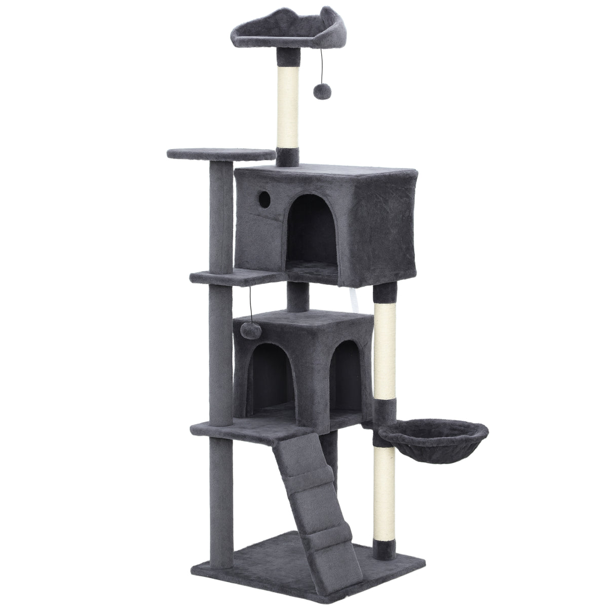 Kozy 160cm Large Cat Tree Tower with Sisal Scratching Posts, Condos, Plush Perches, Hammock, Ladder, Dark Grey