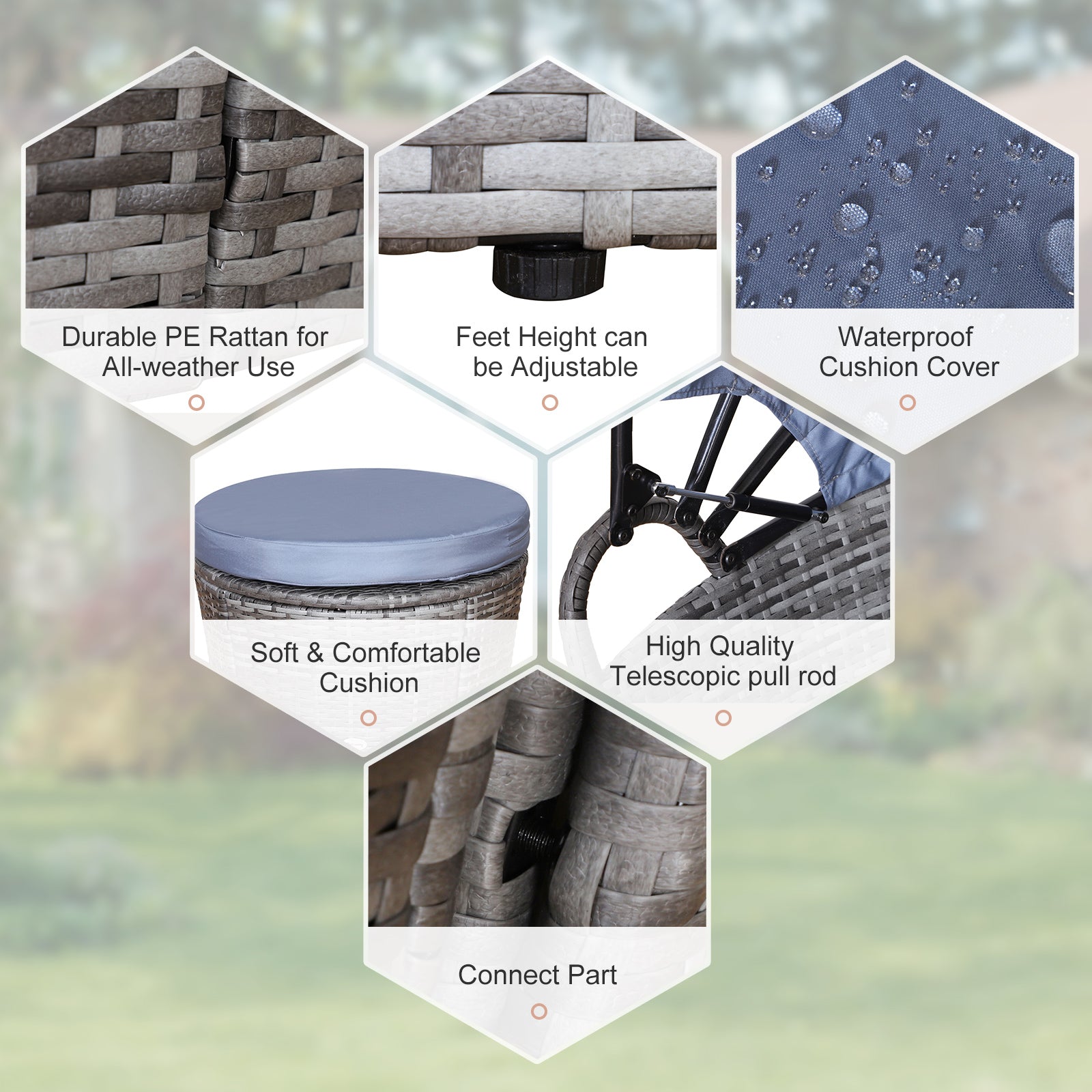 Kozy Outdoor PE Rattan Garden Furniture with Cushioned, Patio Wicker Conversation Furniture Set, Round Daybed with Retractable Canopy, Coffee Table and Three Pillows, Grey/Blue Grey