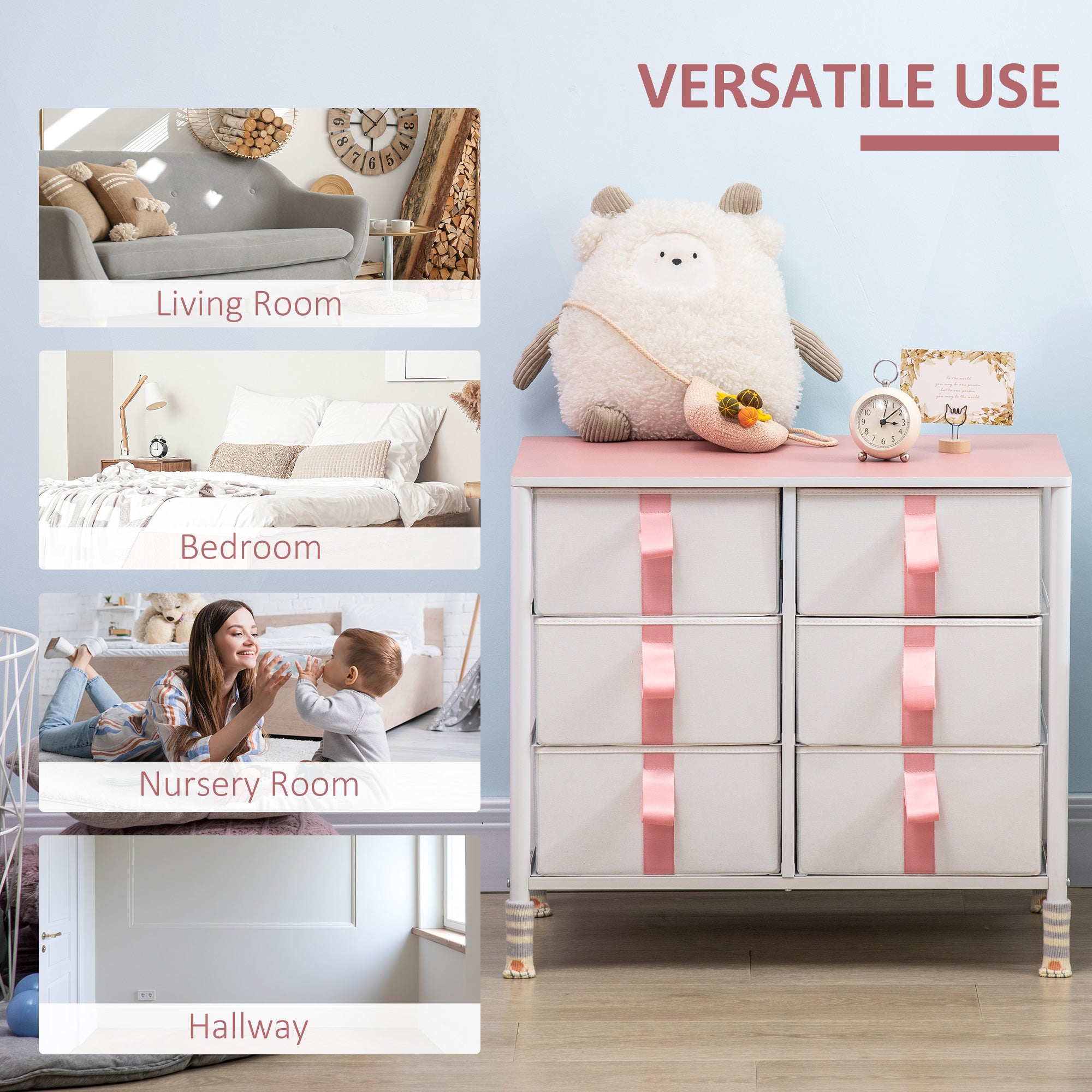 Kozy Chest of Drawers, Cloth Organizer Unit with 6 Fabric Drawers, Metal Frame and Wooden Top, Storage Cabinet for Kids Room, Living Room, Closet, Hallway, Pink