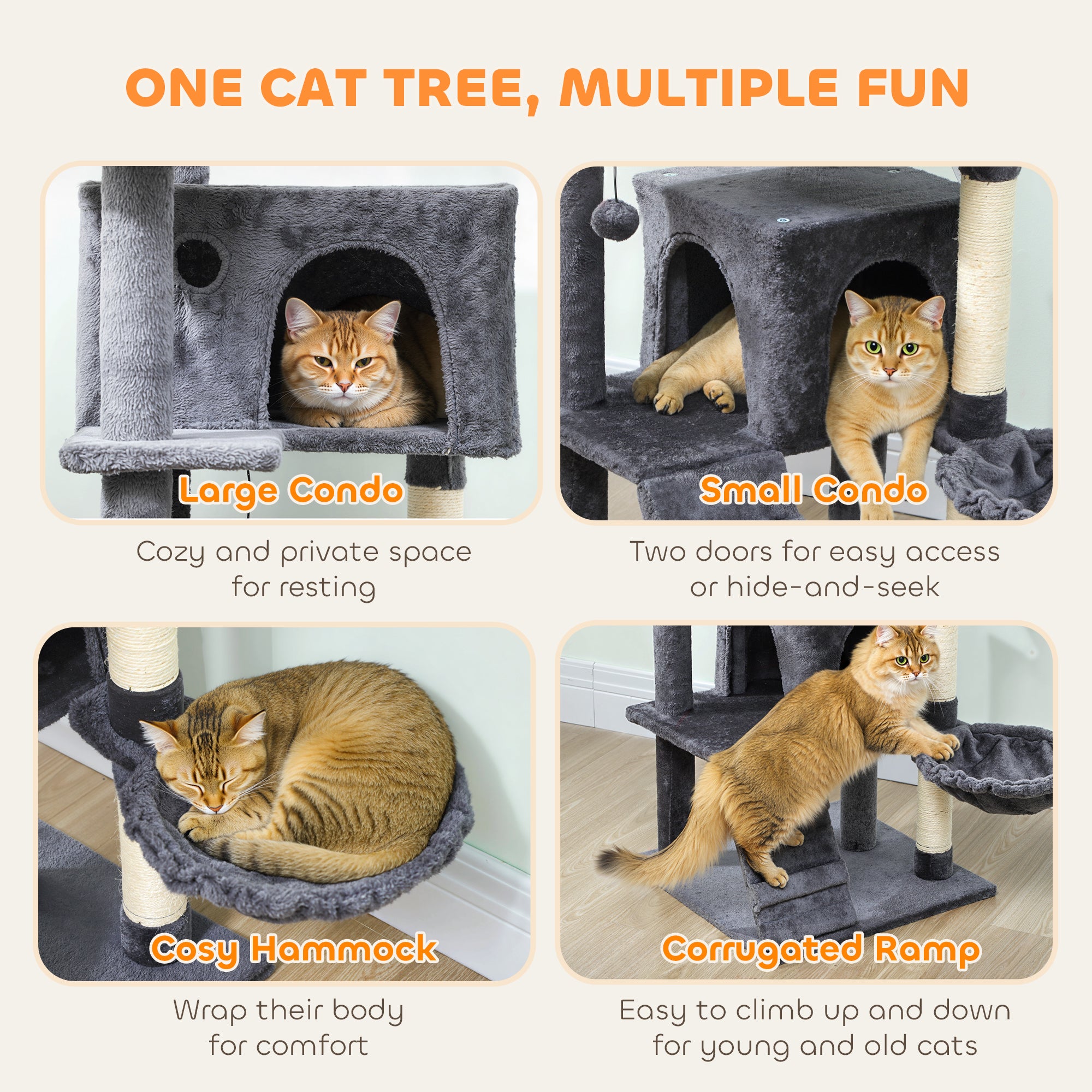Kozy 140cm Large Cat Tree Tower with Sisal Scratching Posts, Cat Houses, Plush Perches, Hammock, Ladder, Dark Grey