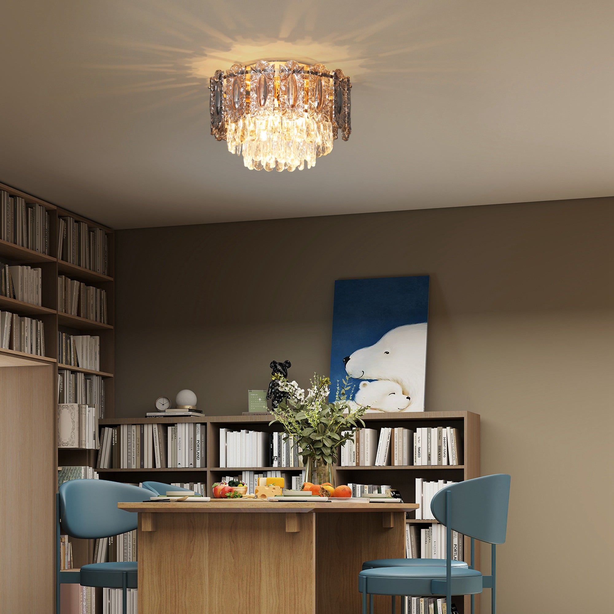 Kozy Chandelier Ceiling Light, 3-Light Vintage Flush Mount Fixture with Dual Crystal and Smoke Glass Shade, LED Ceiling Light for Living Room Bedroom, 3 E27 Sockets, Bulbs Not Included, Gold Tone