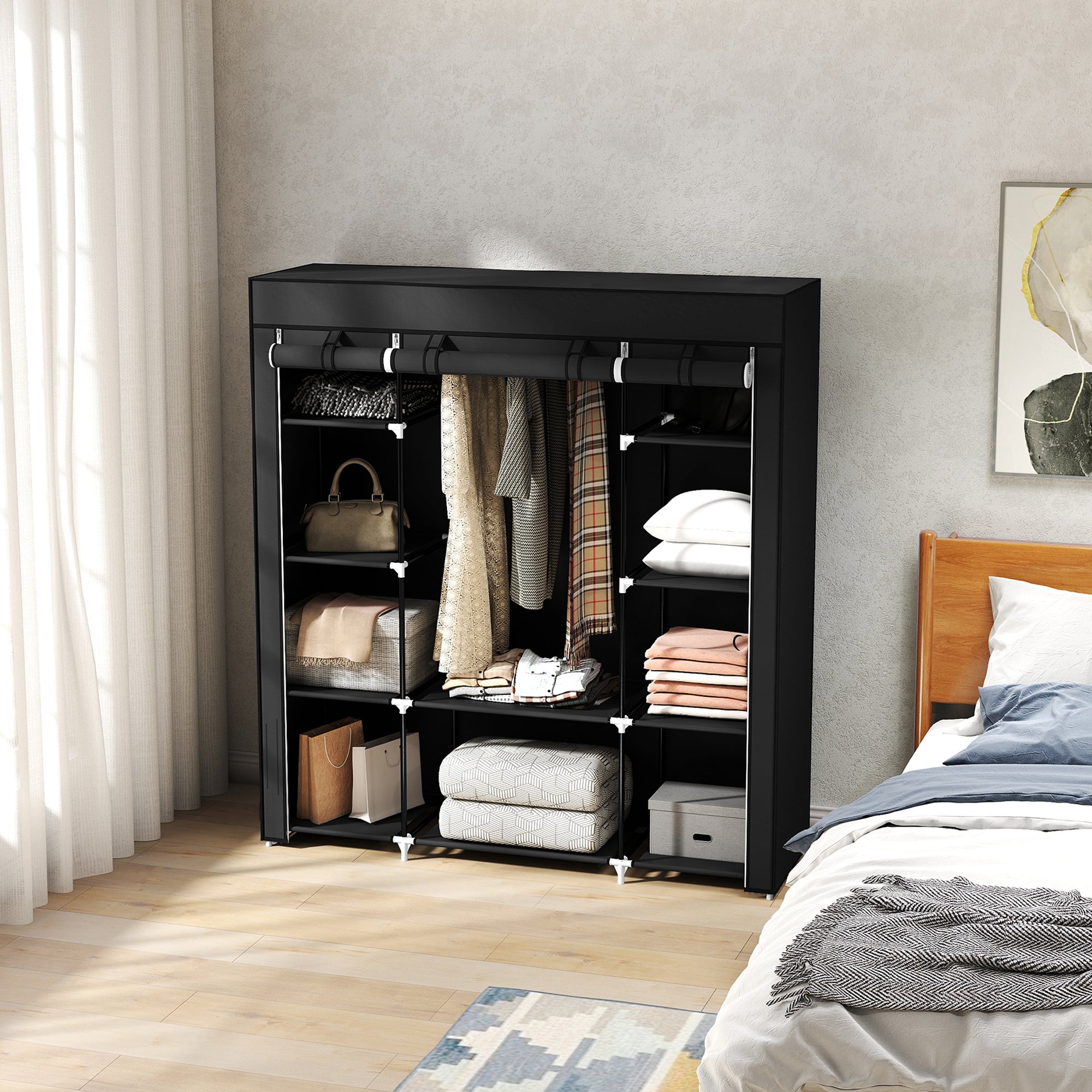 Kozy Portable Wardrobe, Foldable Fabric Wardrobe, 150 x 43 x 162.5cm, Clothes Storage Organiser with Hanging Rail, Shelves, Fabric Cover for Bedroom, Black