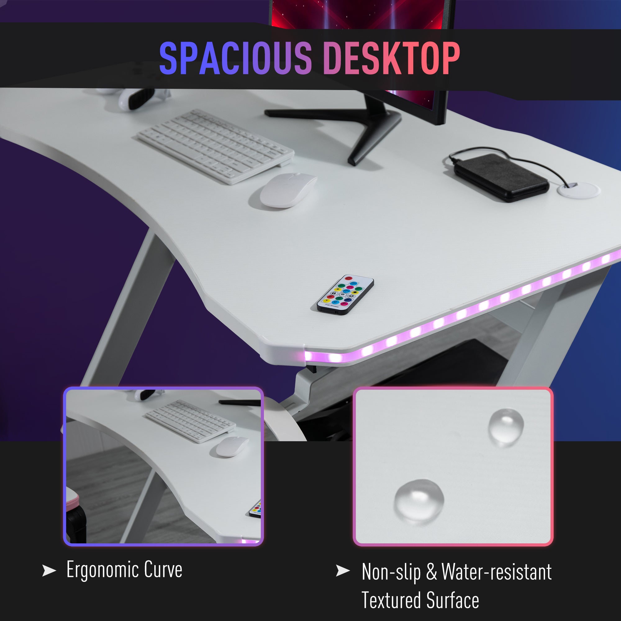 Kozy RGB 120 x 66cm Gaming Desk, Computer Table with Carbon Fibre Surface, Headphone Hook, Cup Holder, Controller Rack, Home Office Desk, White