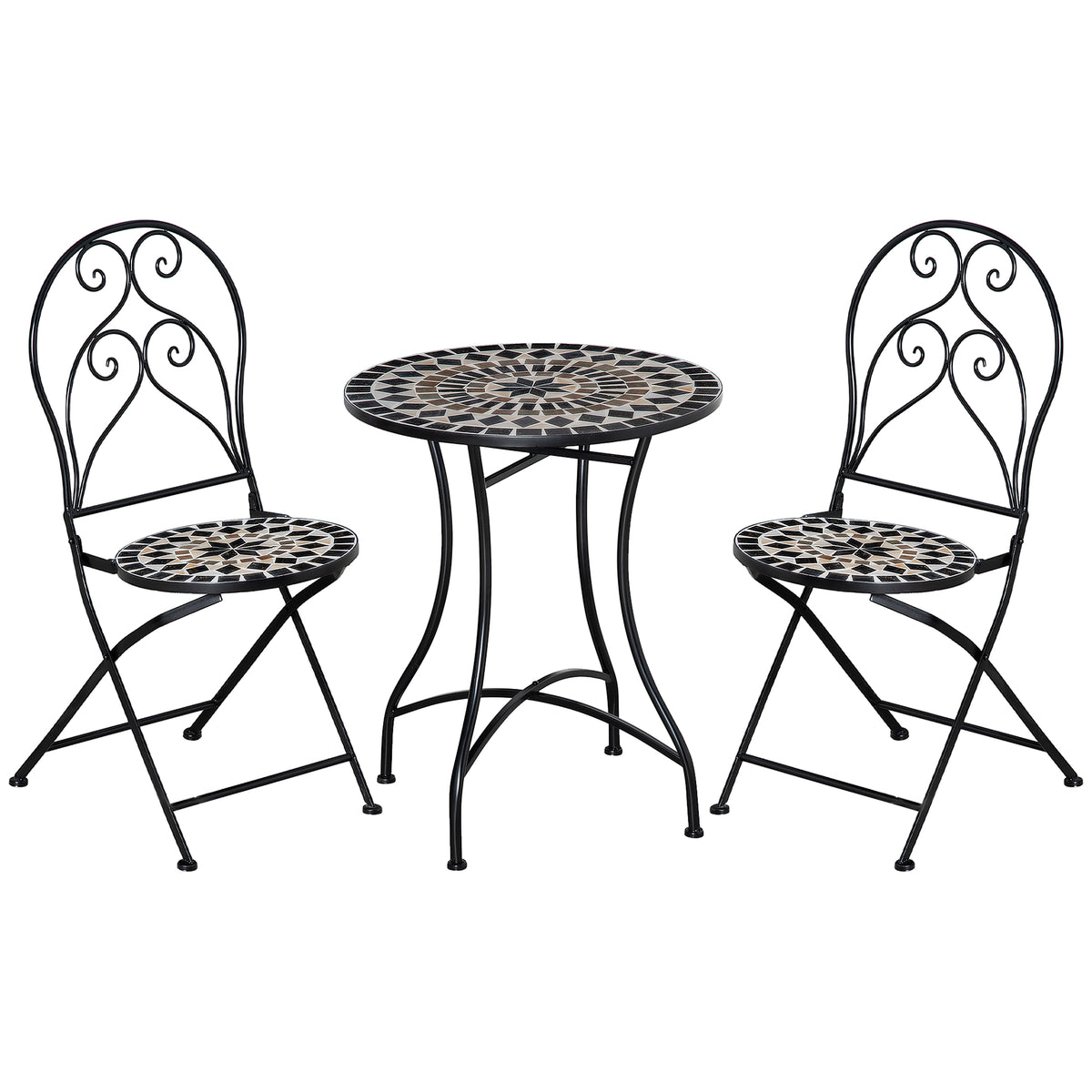 Kozy 3 Pieces Garden Bistro Set with Coffee Table and 2 Folding Single Chairs, Mosaic Garden Table Top and Seats, Metal Frame, for Patio Balcony, Black