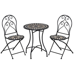 Kozy 3 Pieces Garden Bistro Set with Coffee Table and 2 Folding Single Chairs, Mosaic Garden Table Top and Seats, Metal Frame, for Patio Balcony, Black