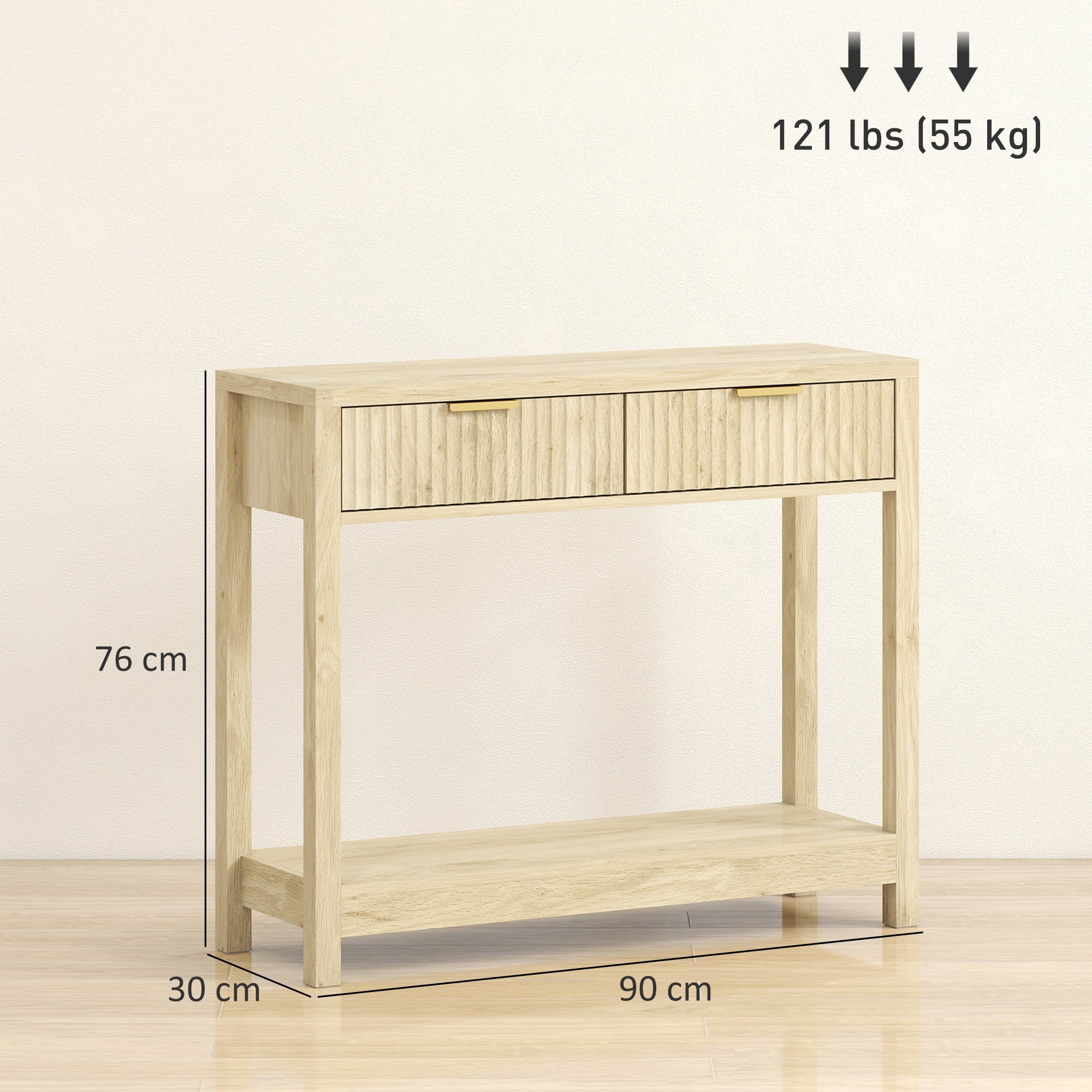 Kozy - Modern Console Table with Fluted Panel Drawers, Narrow Hallway Table with Shelf for Entryway, Living Room, 90 x 30 x 76 cm, Natural Wood Finish