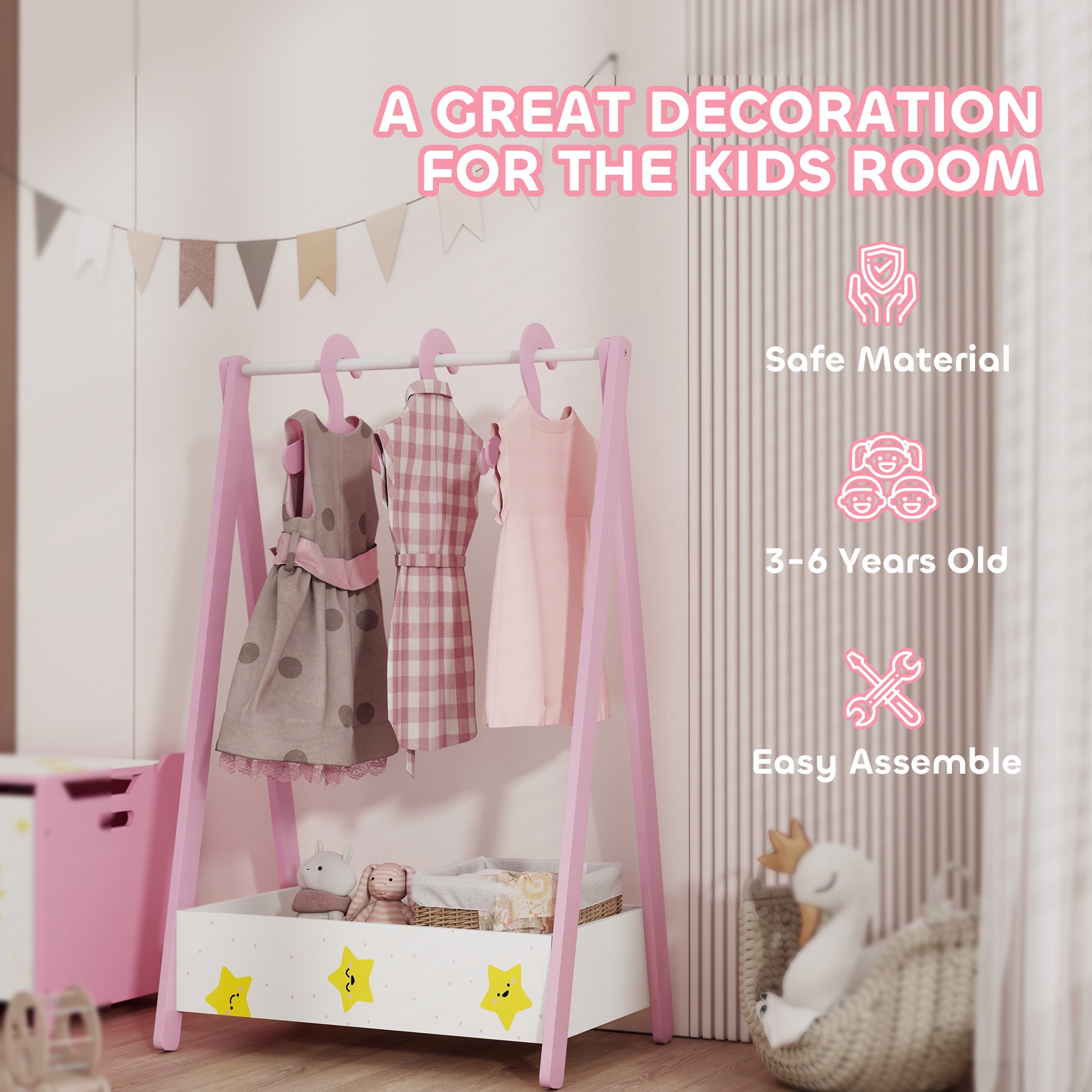 AIYAPLAY Baby Clothing Rack with Hangers, Storage Shelf for Bedroom, Star Theme, for Ages 3-6, Pink