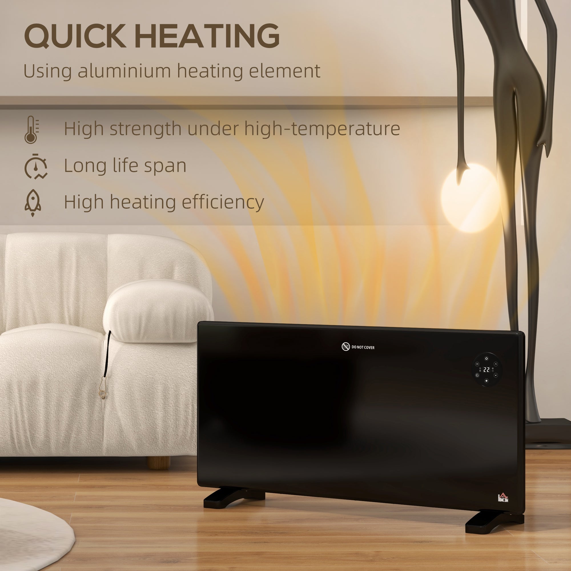 Kozy - 2000W Electric Convector Heater, Freestanding or Wall Mounted, Space Heater with Adjustable Thermostat, Timer, Black