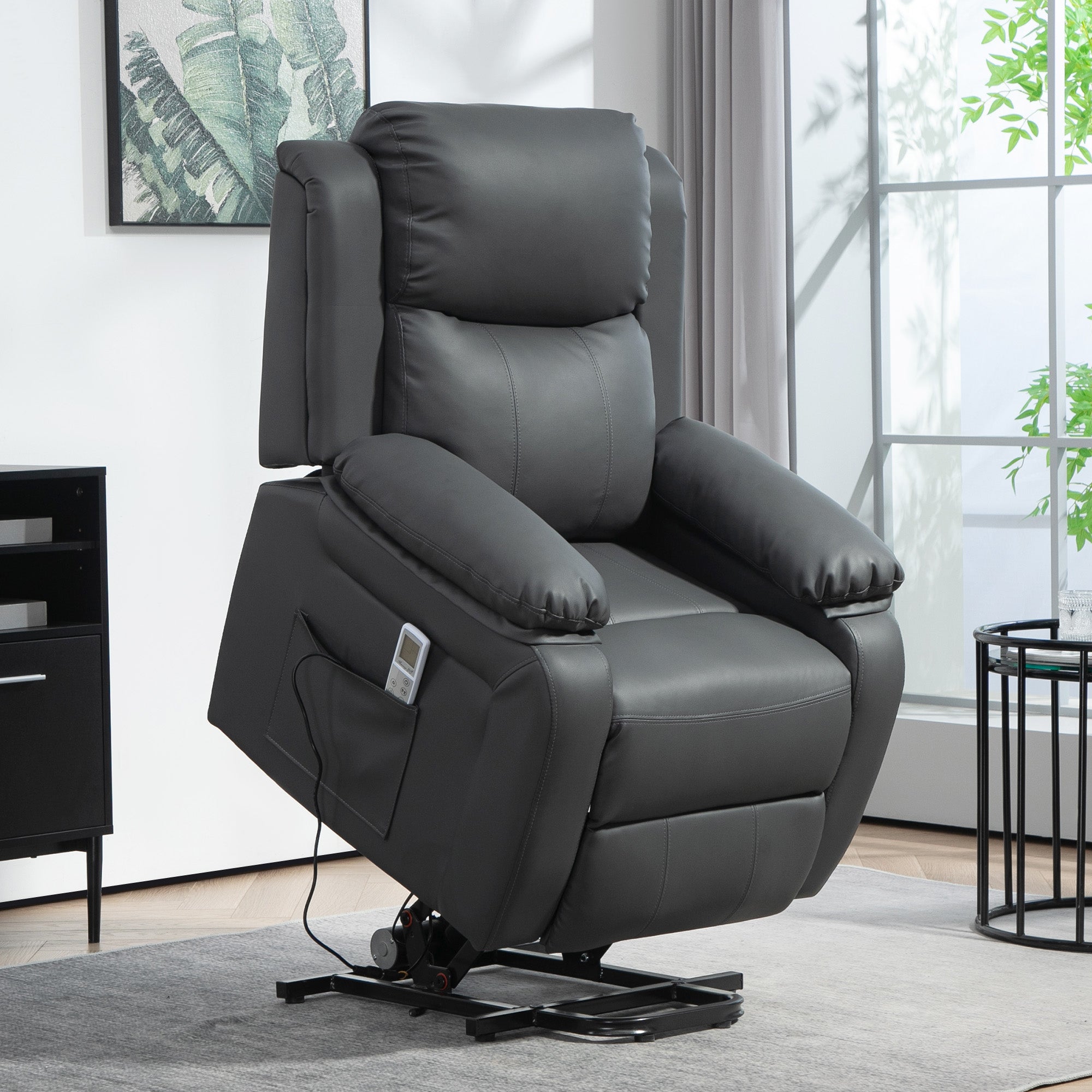Kozy - Riser and Recliner Chair with Massage, Heat, Power Lift Recliner Chair for Elderly with Remote Control, Extended Footrest, Dual Side Pockets, Overstuffed Electric Reclining Armchair, Dark Grey