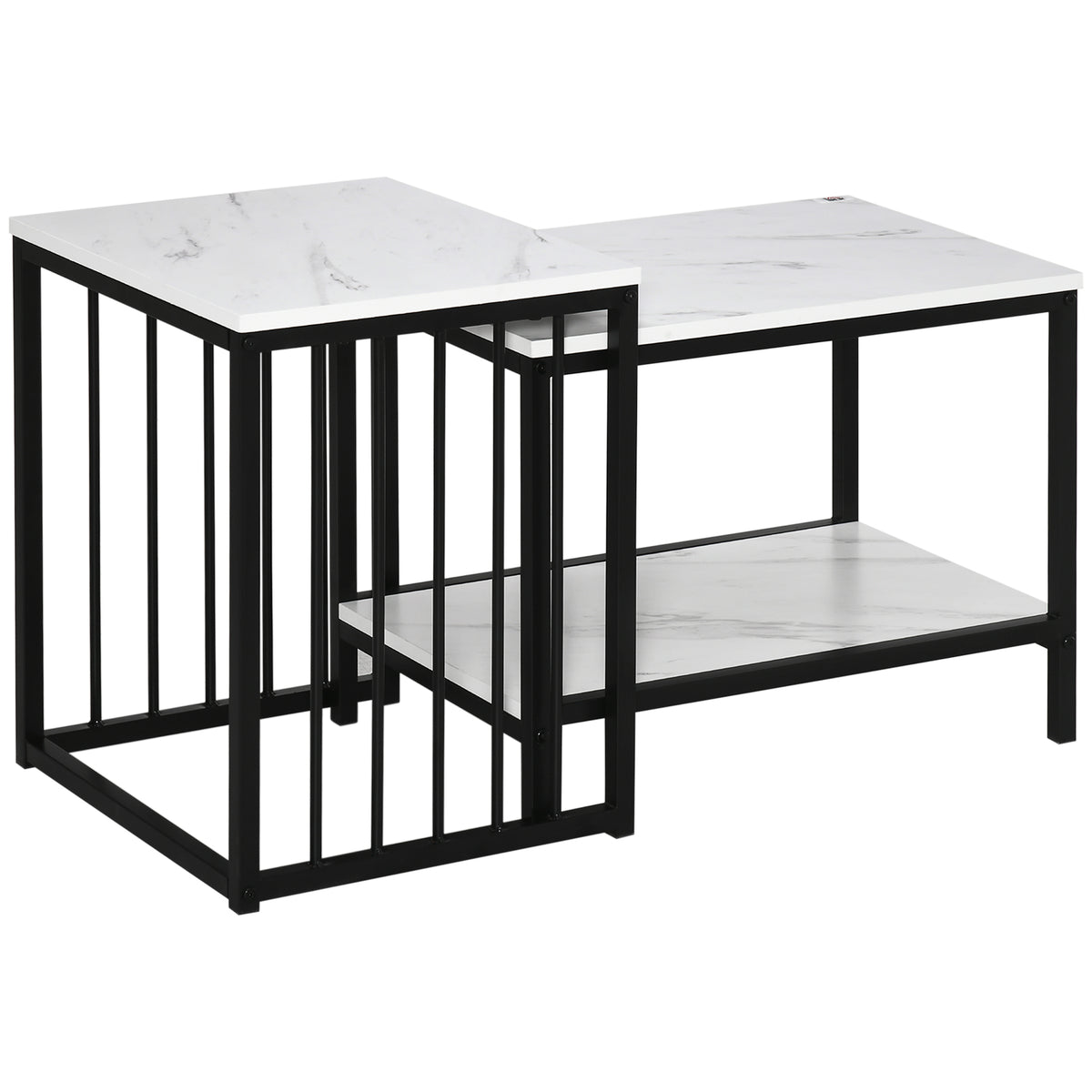 Kozy Modern Coffee Table Set of Two, Marble-Effect Nesting Side Tables with Steel Frame for Living Room, White, Black