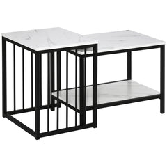 Kozy Modern Coffee Table Set of Two, Marble-Effect Nesting Side Tables with Steel Frame for Living Room, White, Black