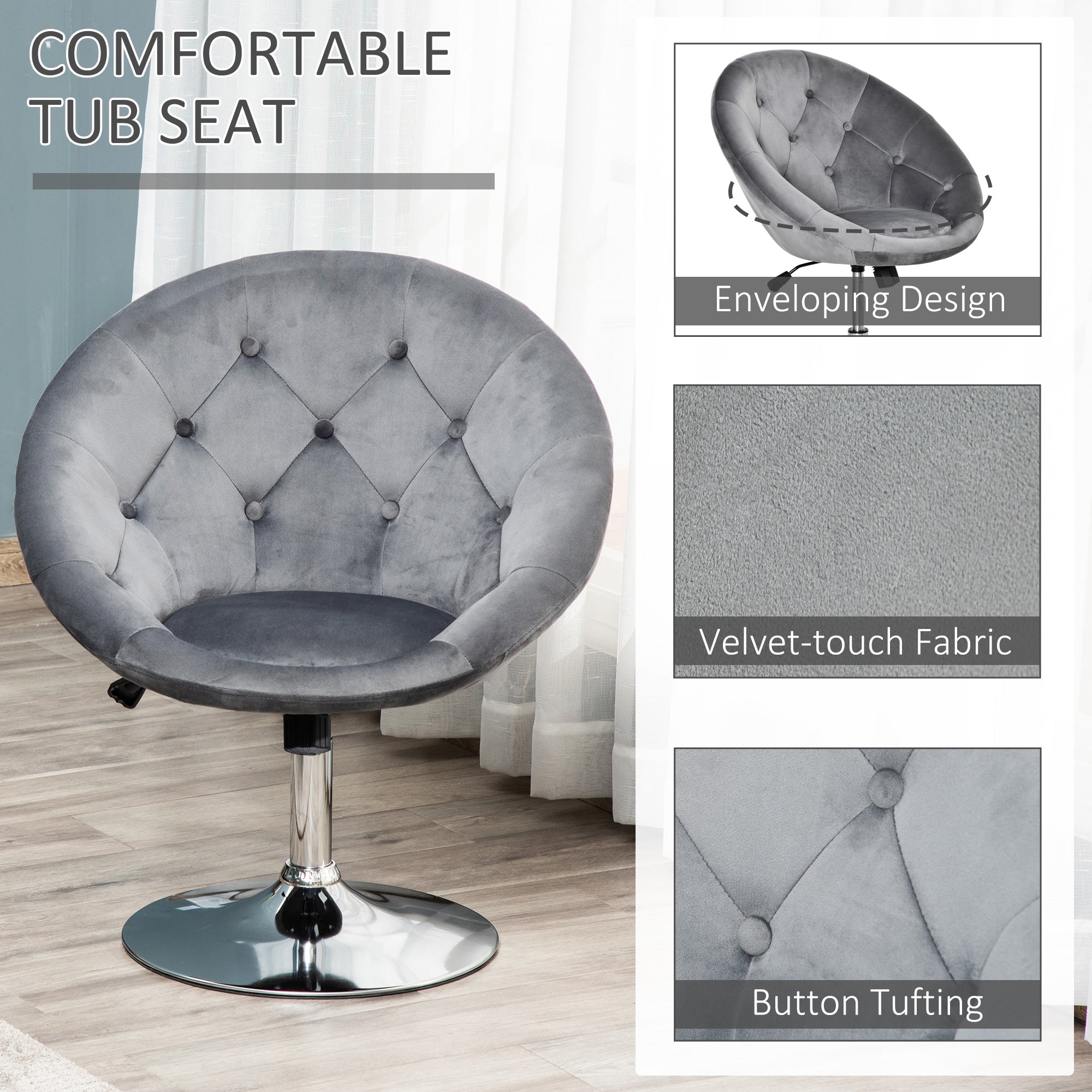 Kozy Swivel Dressing Stool, Velvet-feel Upholstered Vanity Chair, Adjustable Height Tub Makeup Chair with Button Tufting and Thick Padding for Bedroom, Grey