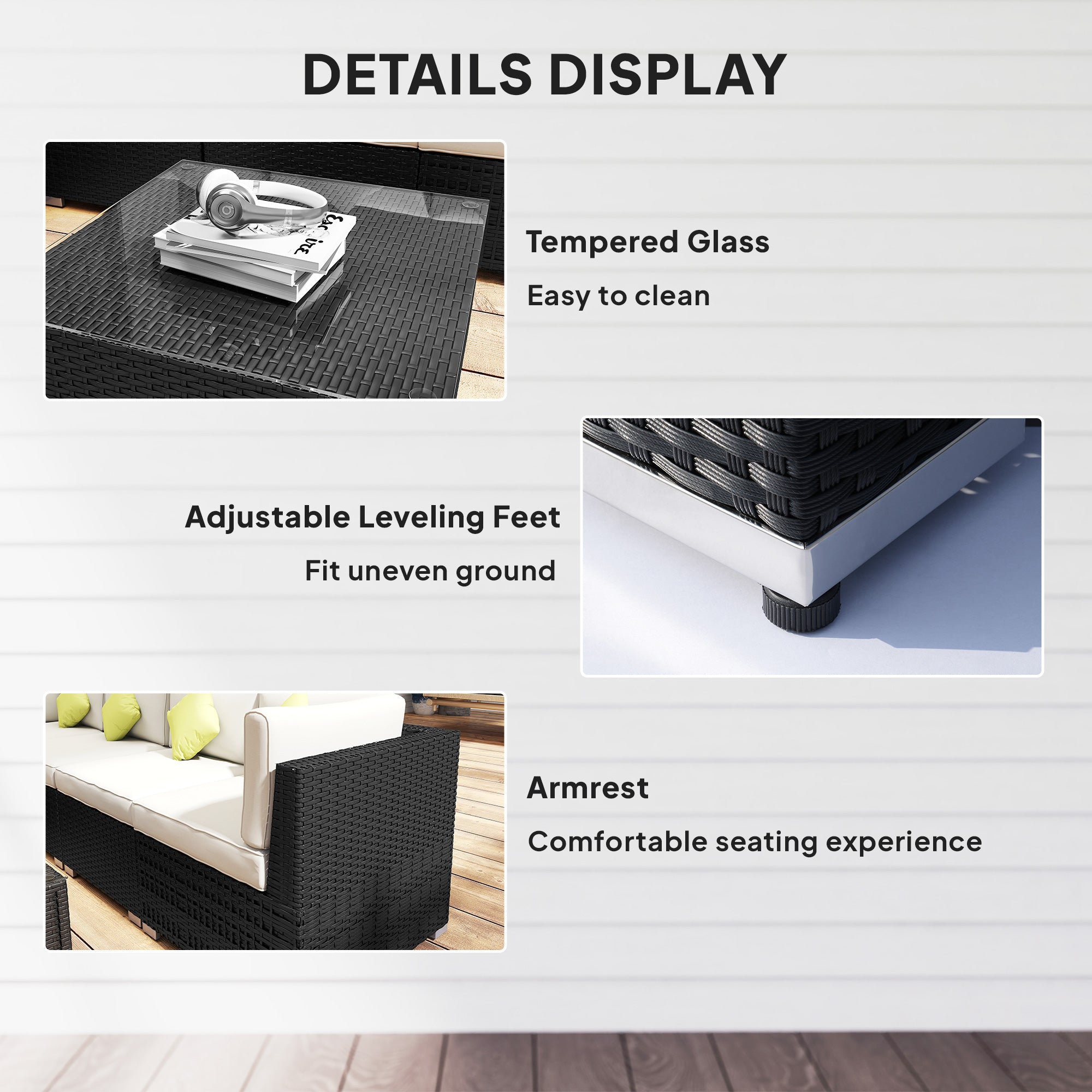 Kozy 8 Piece Rattan Corner Sofa Set with Wide & Deep Seat, Assembled Aluminium PE Rattan Garden Furniture Set with Thick Cushions and Glass Top Table for Outdoor, Conservatory, Black