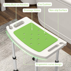 HOMCOM 6-Level Height Adjustable Aluminium Bath Room Stool Chair Shower Non-Slip Design w/ Padded Seat Drainage Holes Foot Pad, Green | Aosom UK