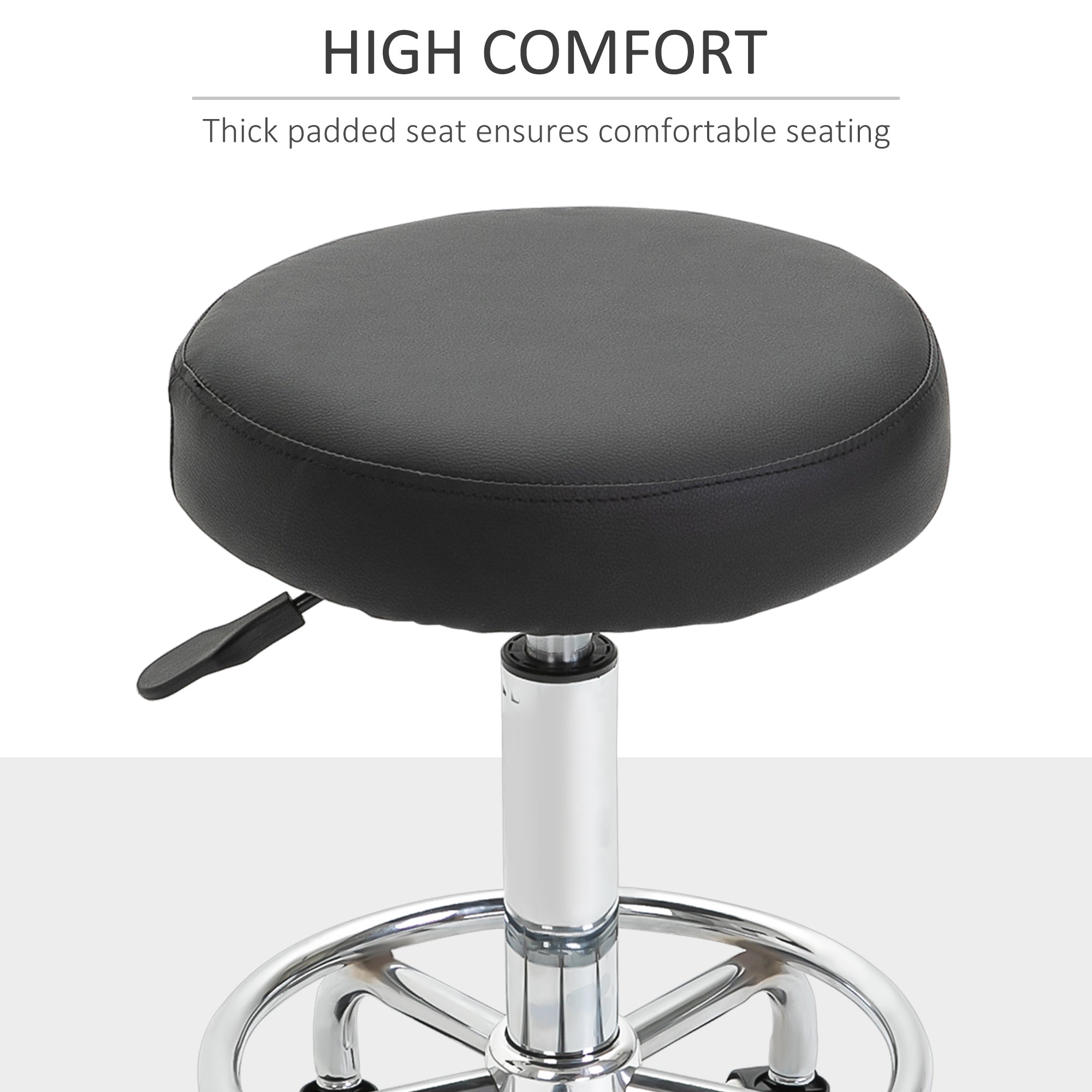 Kozy Round Rolling Stool, PU Leather Height Adjustable Stool Chair with Wheels and Swivel Seat for Salon, Massage, Spa, Home Kitchen, Black