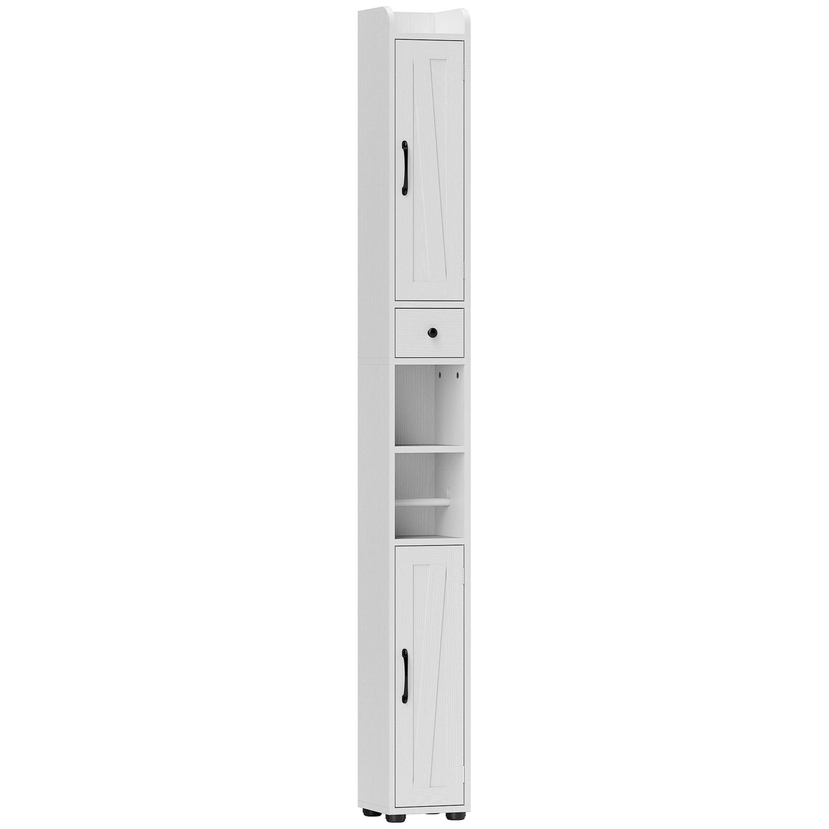 Kozy - Tall Bathroom Cabinet, Farmhouse Slim Bathroom Storage Cabinet with Barn Doors, Toilet Paper Roll Holder, Drawer and Adjustable Shelves, Narrow Bathroom Storage Unit, 20 x 20 x 185cm, White