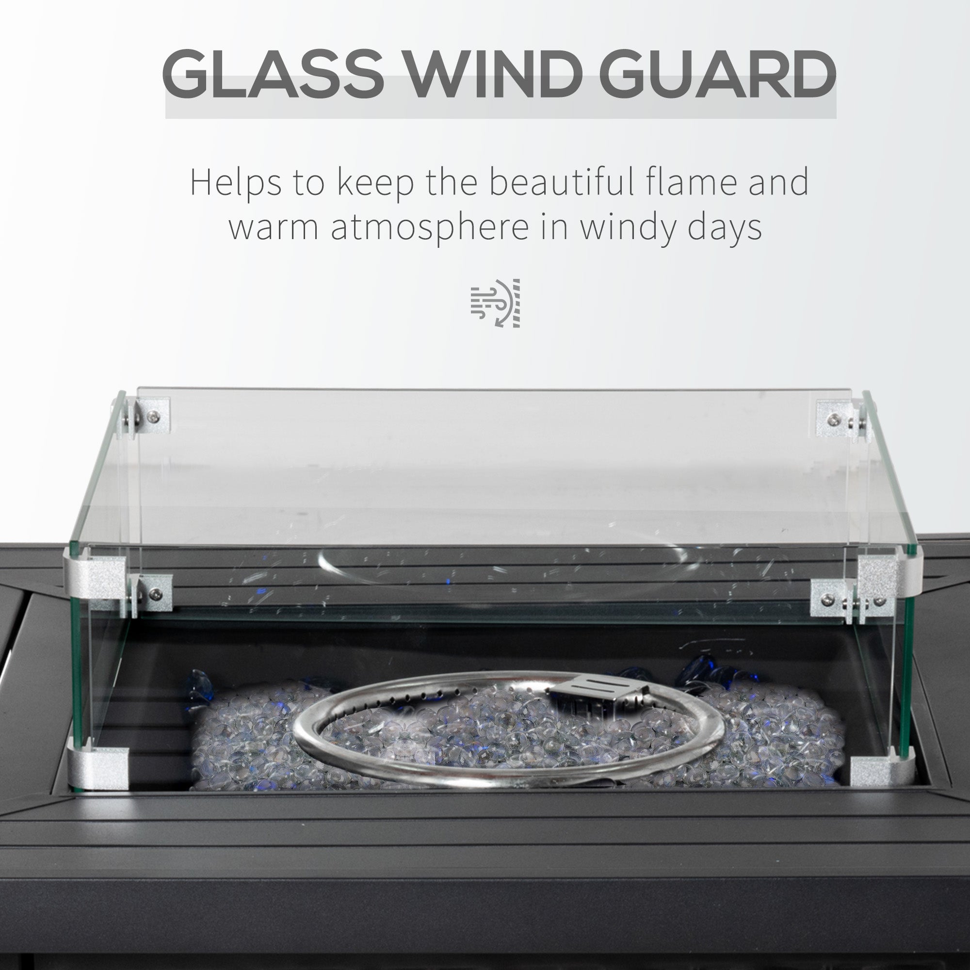 Kozy Square Propane Gas Fire Pit Table, 50000 BTU Rattan Smokeless Firepit Patio Heater with Glass Screen, Glass Beads and Lid, 81cm x 81cm x 64cm, Black