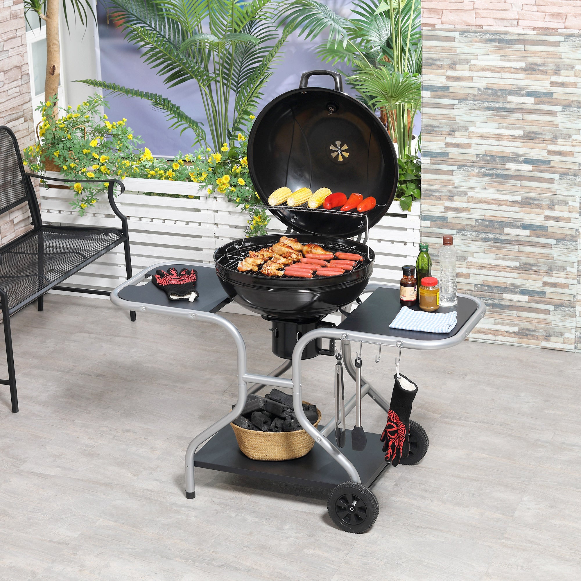 Kozy Portable Charcoal Kettle Grill Outdoor Barbecue Trolley BBQ Heat Smoker Grilling with 2 Wheels, Storage Shelf and 4 Hooks, Free Standing, Black