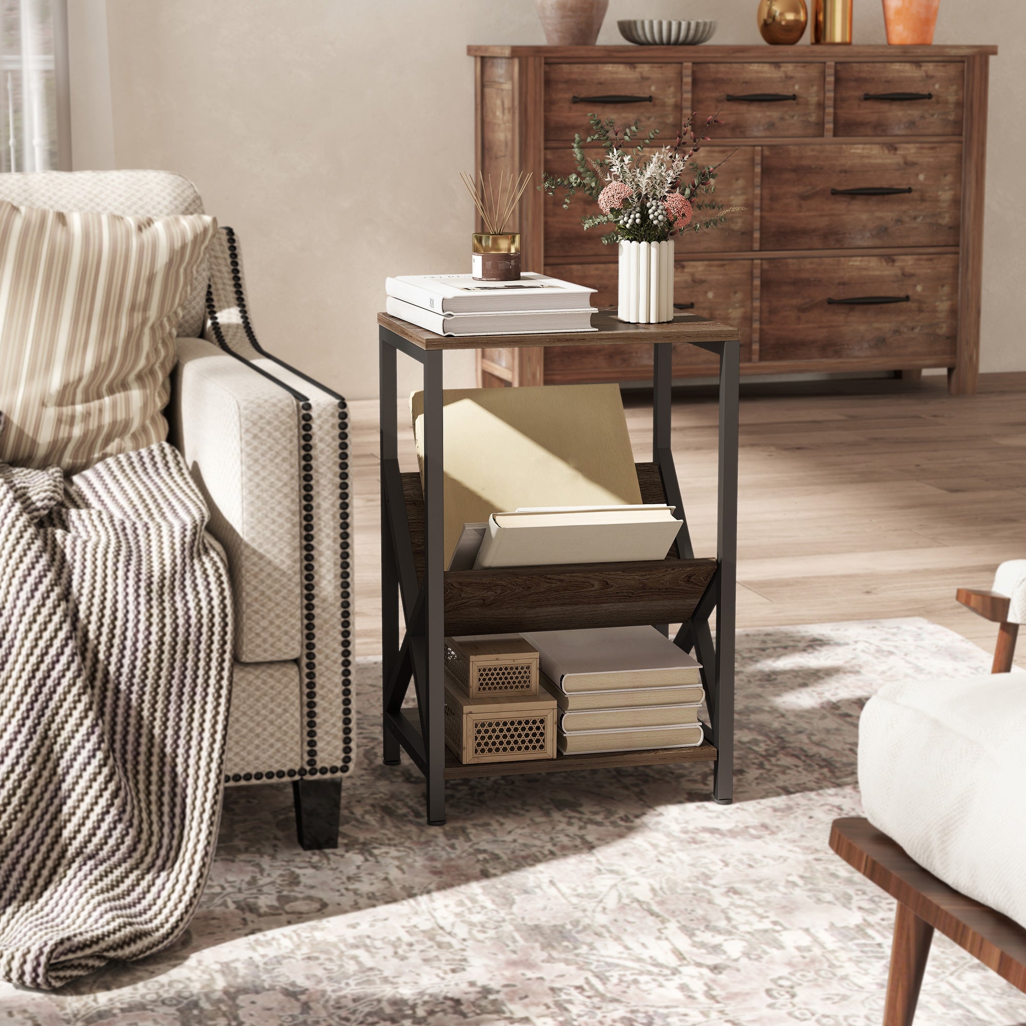 Kozy Narrow Side Table, End Table with 3-Tier Storage, V-Shaped Magazine Holder for Living Room, Bedroom, 40 x 30 x 61cm, Oak