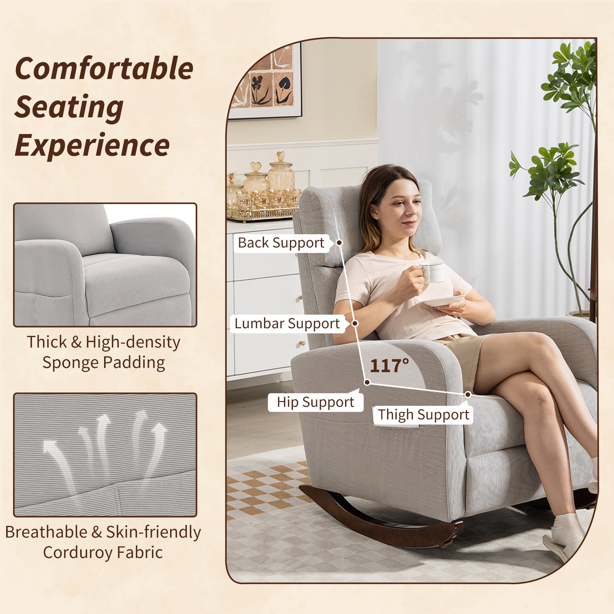 Kozy - Corduroy Rocking Armchair - Grey