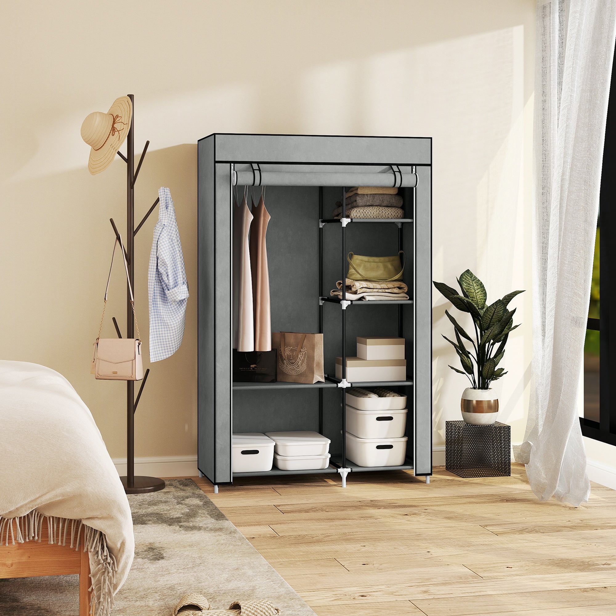 Kozy Fabric Wardrobe, Portable Wardrobe with 6 Shelves, 1 Hanging Rail, Foldable Closets, 103 x 43 x 162.5 cm, Light Grey