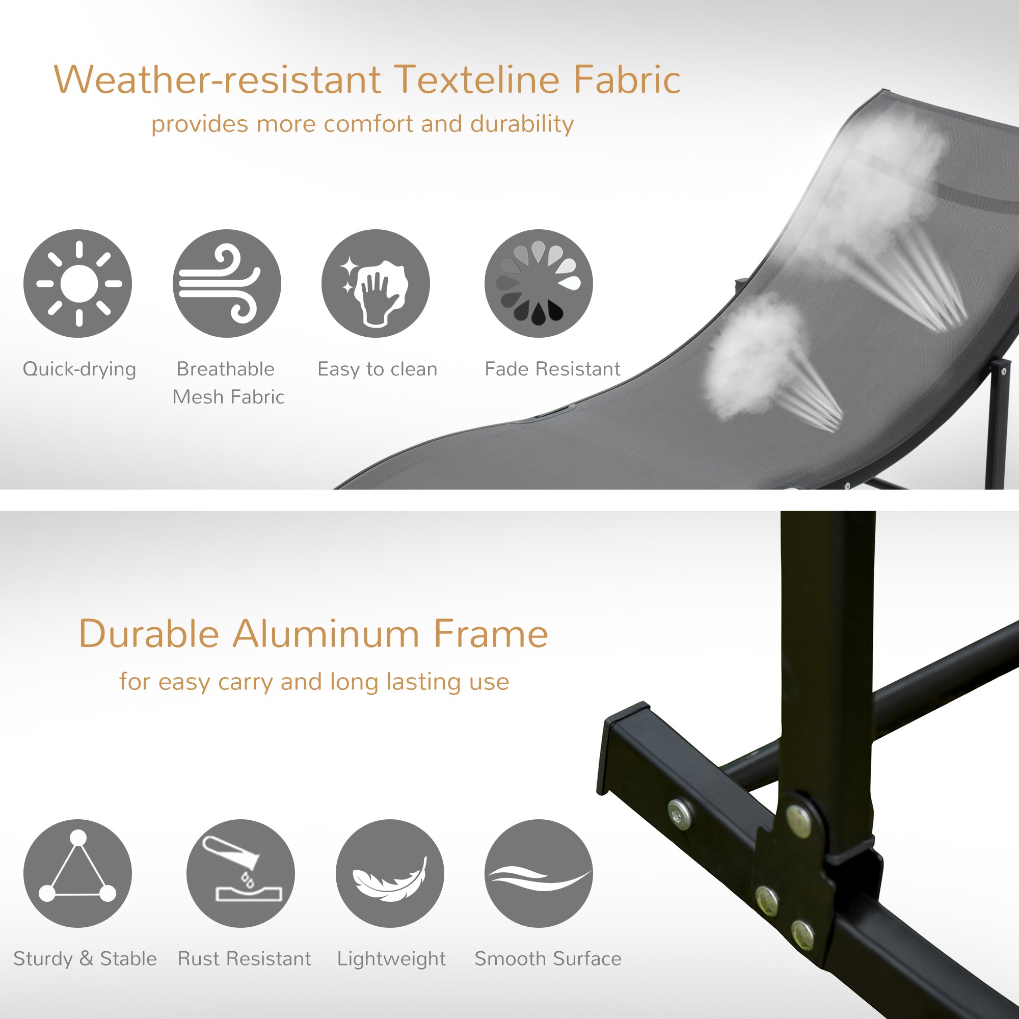 Kozy Set of 2 S-shaped Foldable Lounge Chair Sun Lounger Reclining Outdoor Chair for Patio Beach Garden, Grey