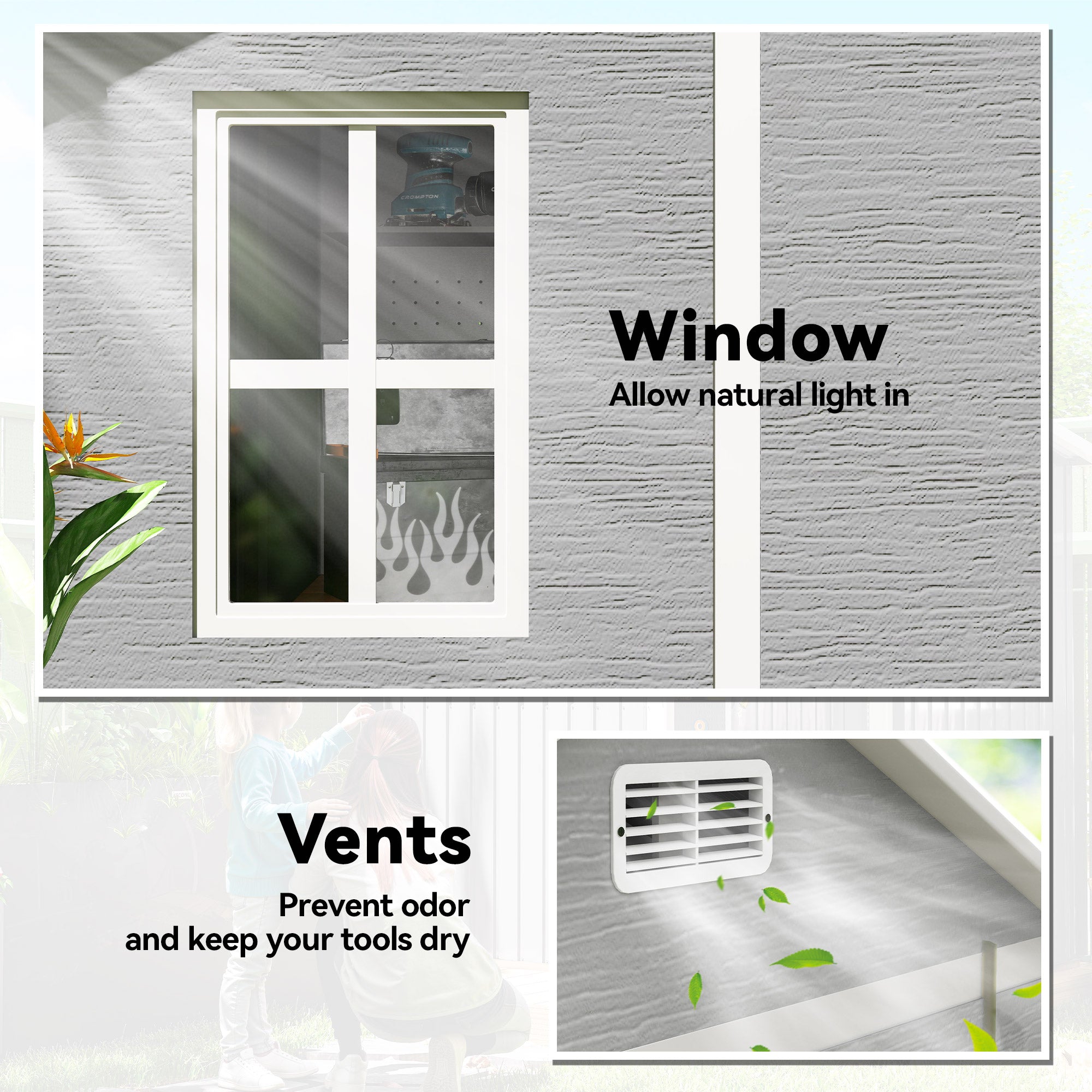 Kozy - 6 x 6ft Garden Shed with Floor, Window, Lockable Doors and Vents, Wood Effect Resin Tool Shed for Outdoor Patio, Grey