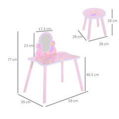 Kozy Kids Dressing Table Girls Pink Wooden Kids Dressing Table & Stool Make Up Desk Chair Toys Fairy Dresser Play Set w/Mirror