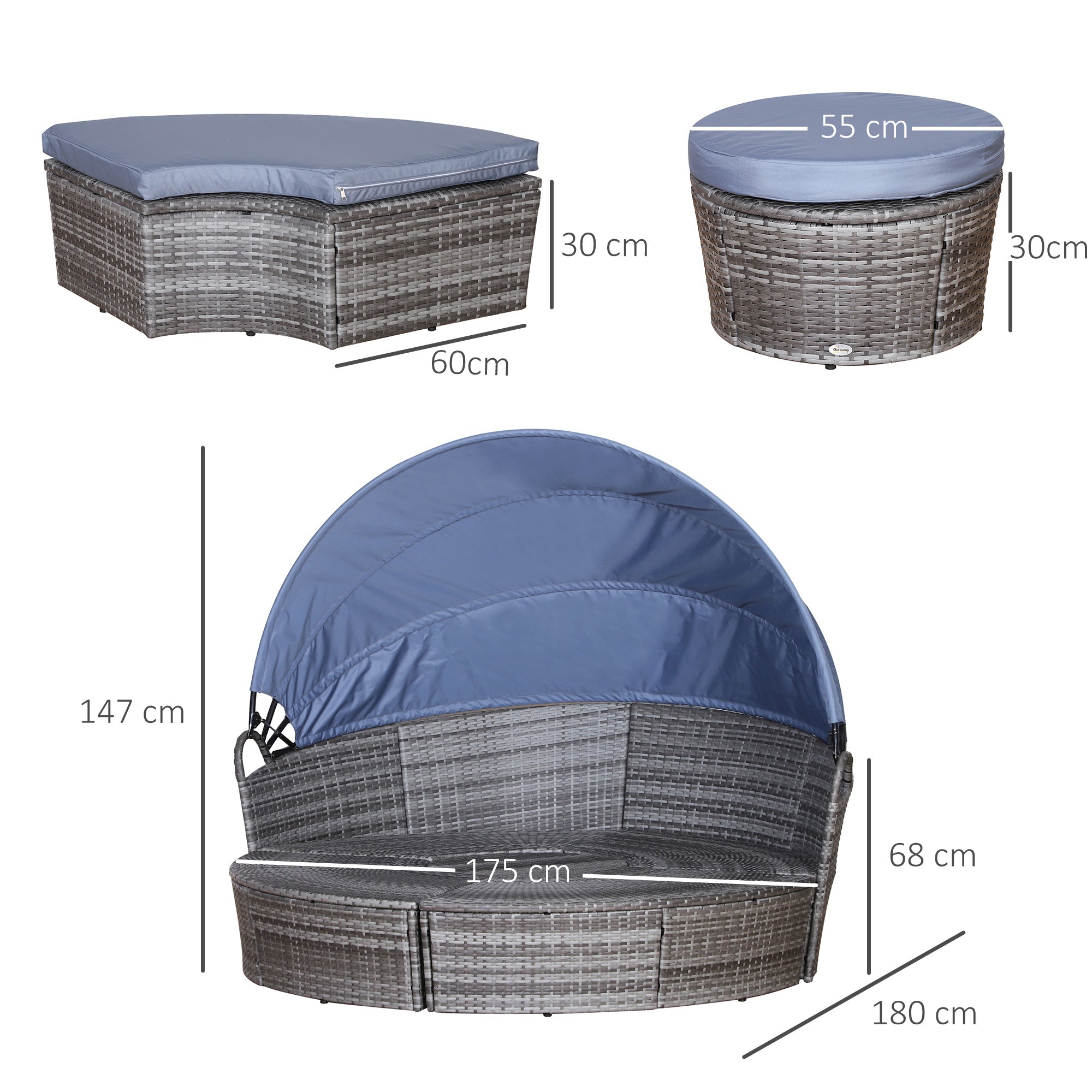 Kozy Outdoor PE Rattan Garden Furniture with Cushioned, Patio Wicker Conversation Furniture Set, Round Daybed with Retractable Canopy, Coffee Table and Three Pillows, Grey/Blue Grey