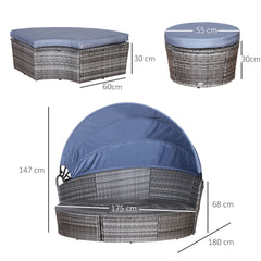 Kozy Outdoor PE Rattan Garden Furniture with Cushioned, Patio Wicker Conversation Furniture Set, Round Daybed with Retractable Canopy, Coffee Table and Three Pillows, Grey/Blue Grey