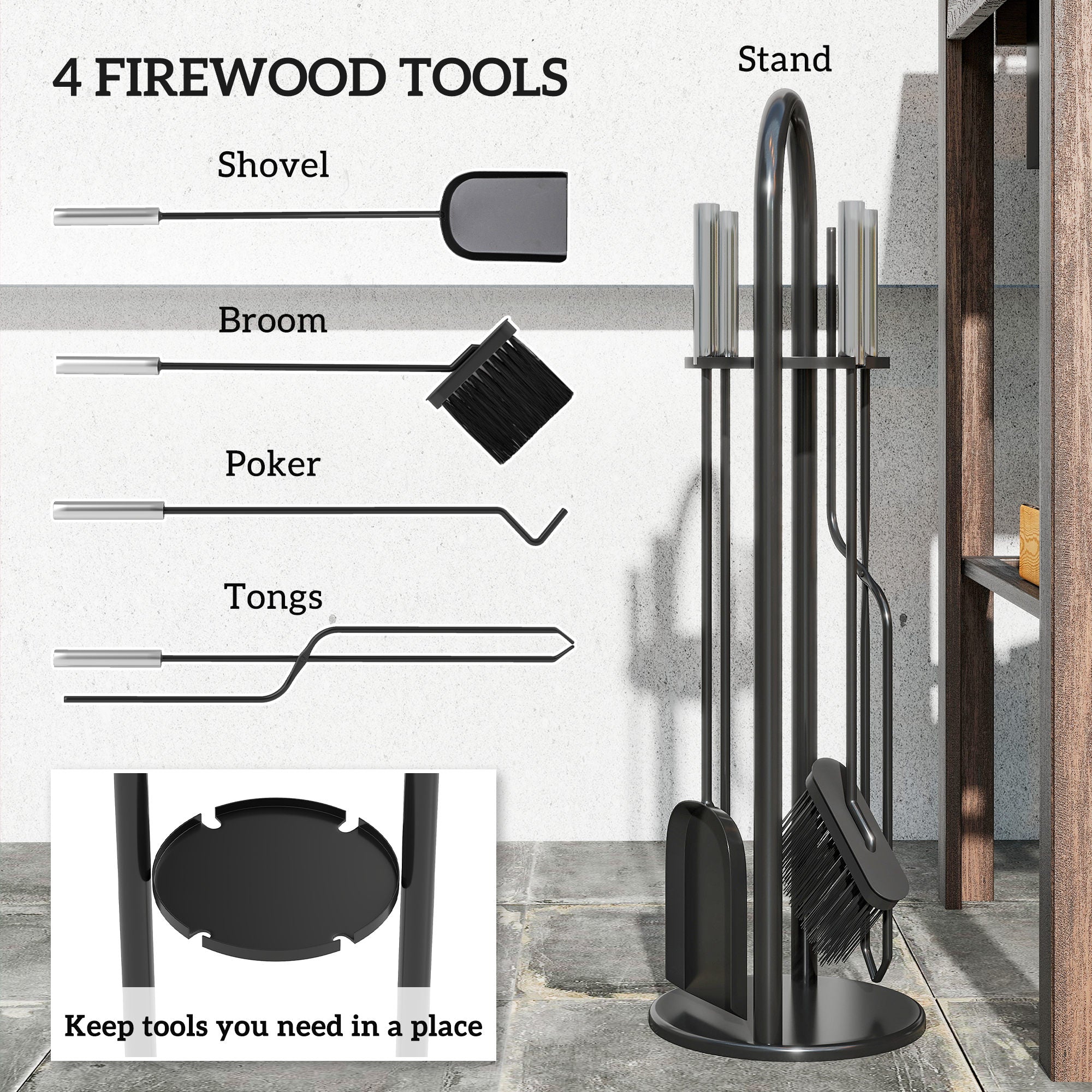 Kozy - 5 Pieces Fireplace Tools Set, Metal Fireplace Accessories Fireside Companion Set with Broom, Shovel, Poker and Bucket, Silver