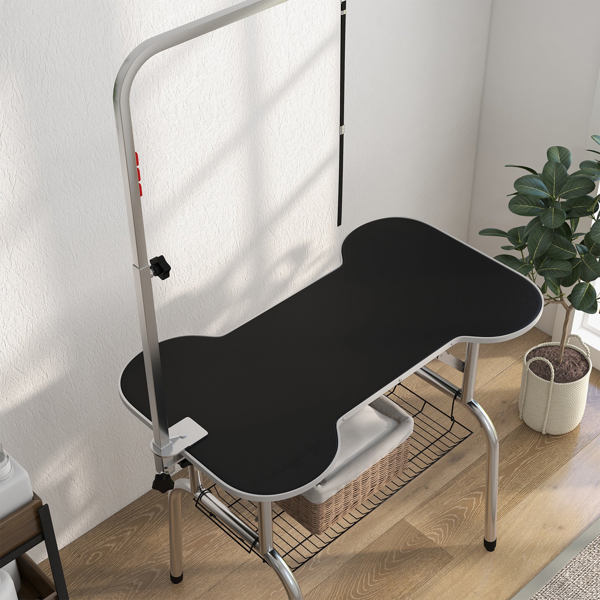 Kozy Foldable Dog Grooming Table Pet Drying Table with Adjustable Arm Non-Slip Rubber Tabletop Aluminium Alloy Edge Stainless Steel Bar Sling 94.5 x 55 x 81cm Black