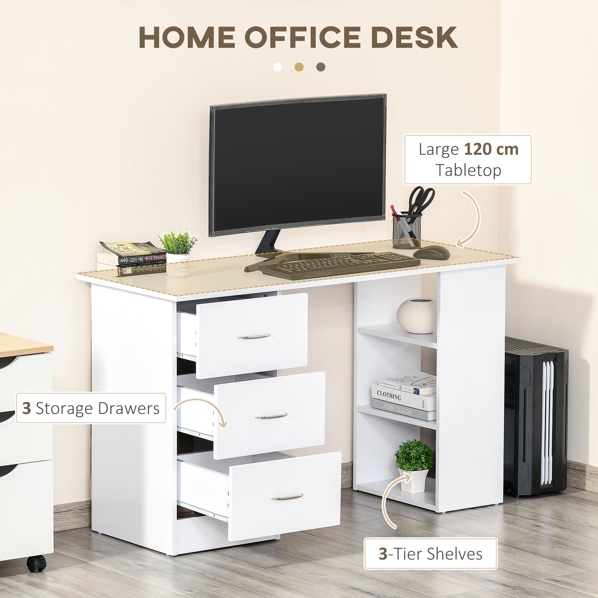 HOMCOM 120cm Computer Desk Writing Table PC Workstation Study Laptop Stationery w/ 3 Shelf & Drawers White