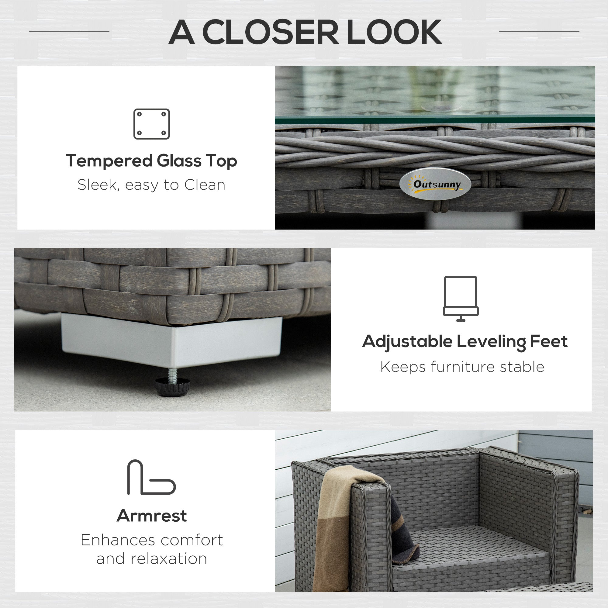 Kozy 6PC Garden Rattan Sofa Set Bonzer Outdoor Furniture Patio Table Loveseat Stool Lounging Ottoman Aluminium Frame Wicker Weave Conservatory Grey