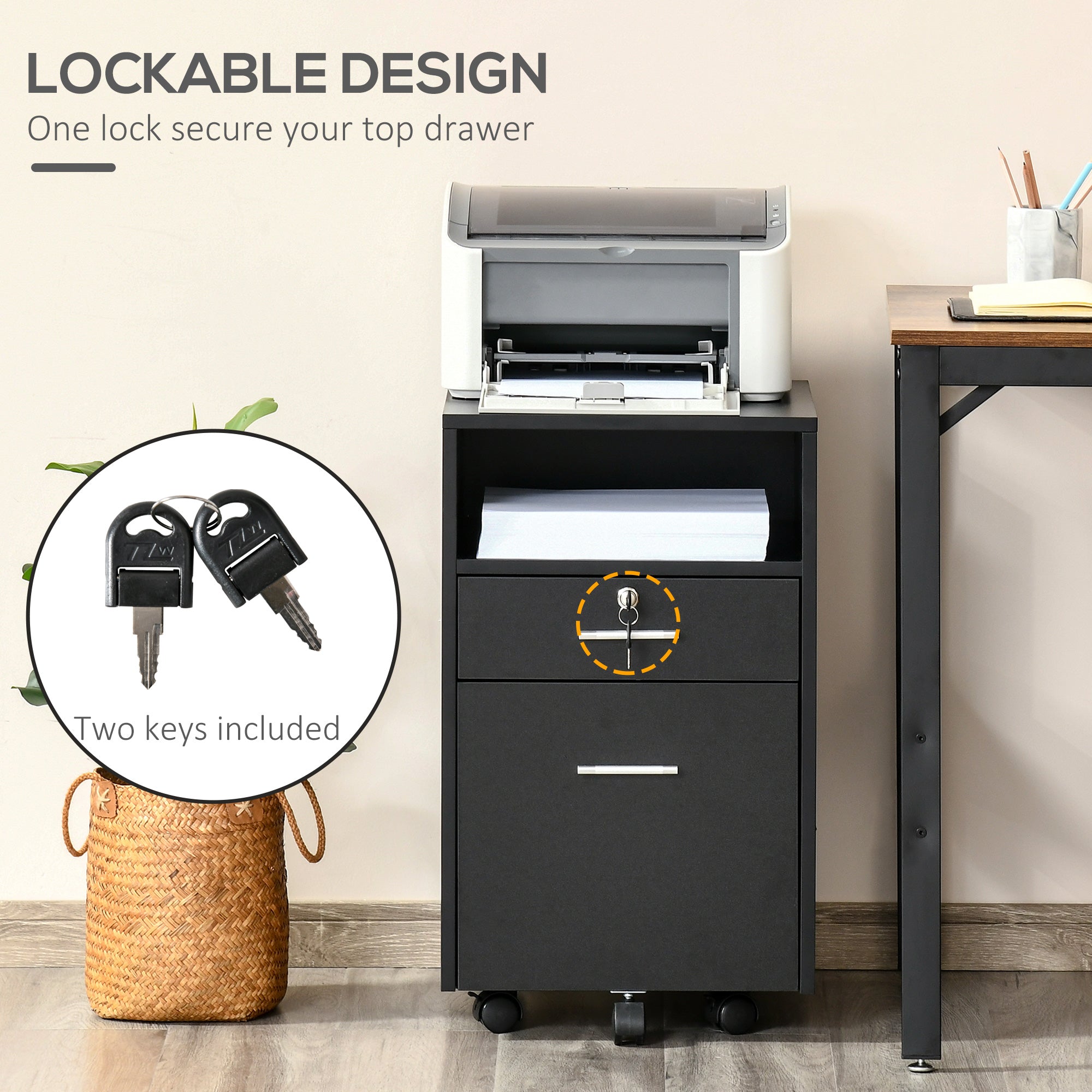 Kozy Lockable Two-Drawer Filing Cabinet, with Wheels - White