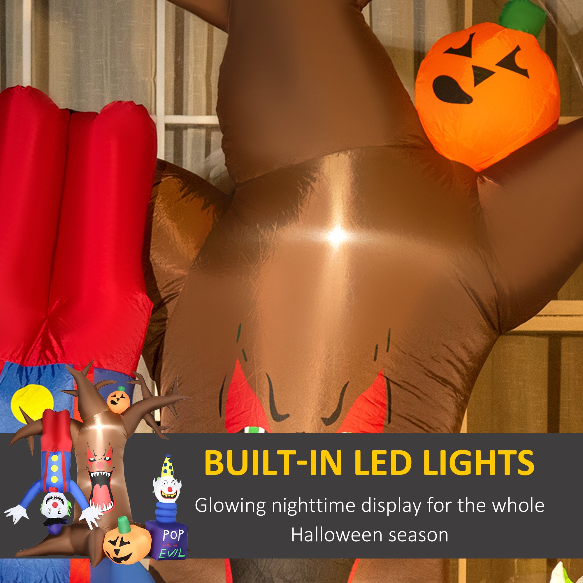 Kozy 7ft Inflatable Halloween Ghost Tree with Upside-down Clown Pumpkins, Blow-Up Outdoor LED Display for Lawn, Garden, Party