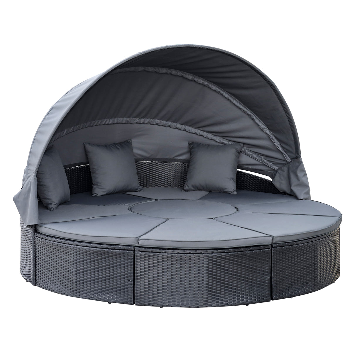 Kozy 4 Pieces PE Rattan Garden Daybed Set, Outdoor Wicker Cushioned Round Sofa Bed Conversation Furniture with Coffee Table & Canopy, Black