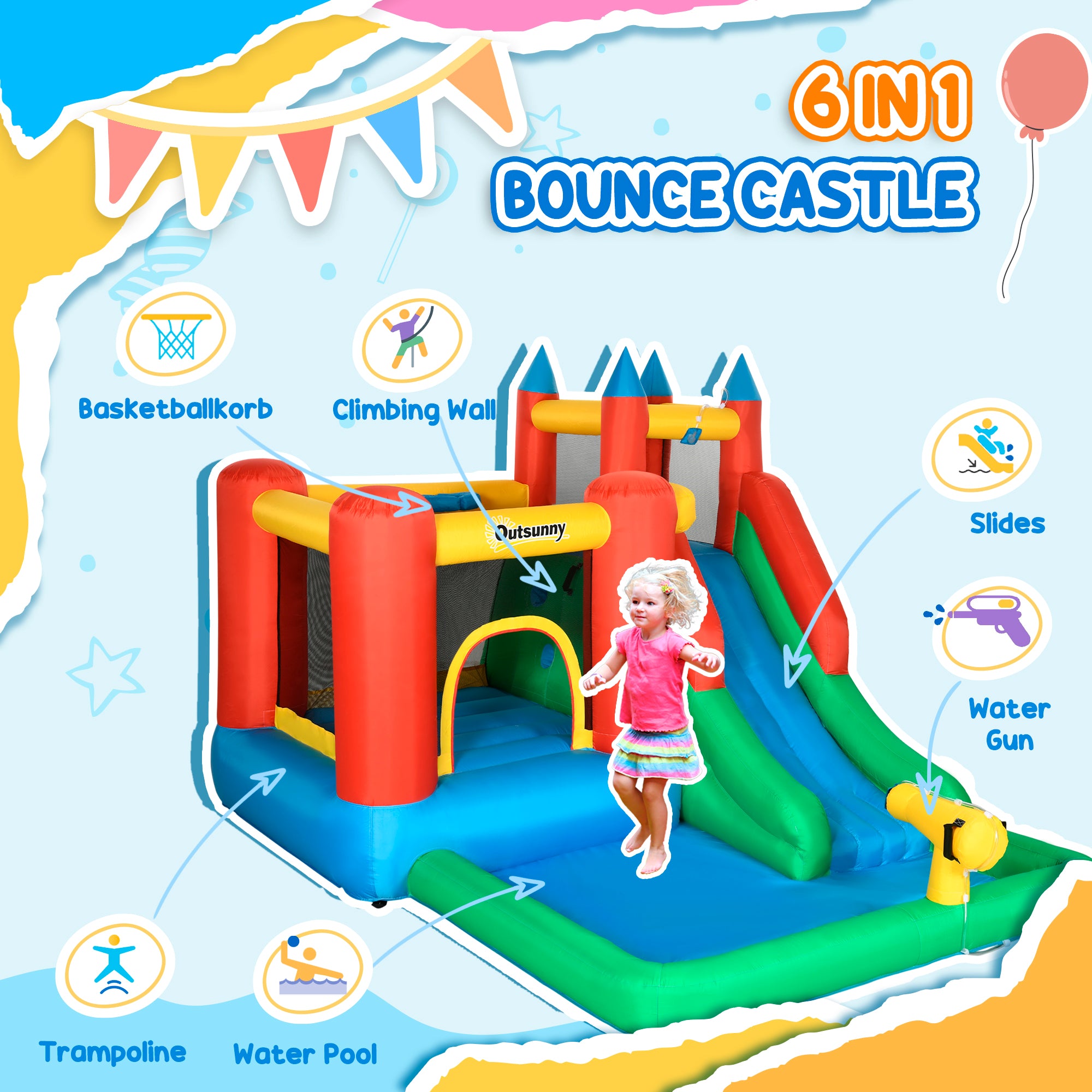 Kozy Kids Inflatable Bouncy Castle Water Slide 6 in 1 Bounce House Jumping Castle Water Pool Gun Climbing Wall Basketball Hoop with Air Blower for Summer Playland