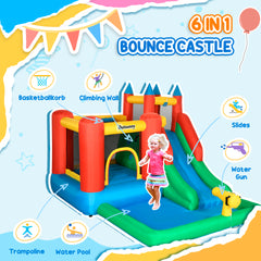 Kozy Kids Inflatable Bouncy Castle Water Slide 6 in 1 Bounce House Jumping Castle Water Pool Gun Climbing Wall Basketball Hoop with Air Blower for Summer Playland