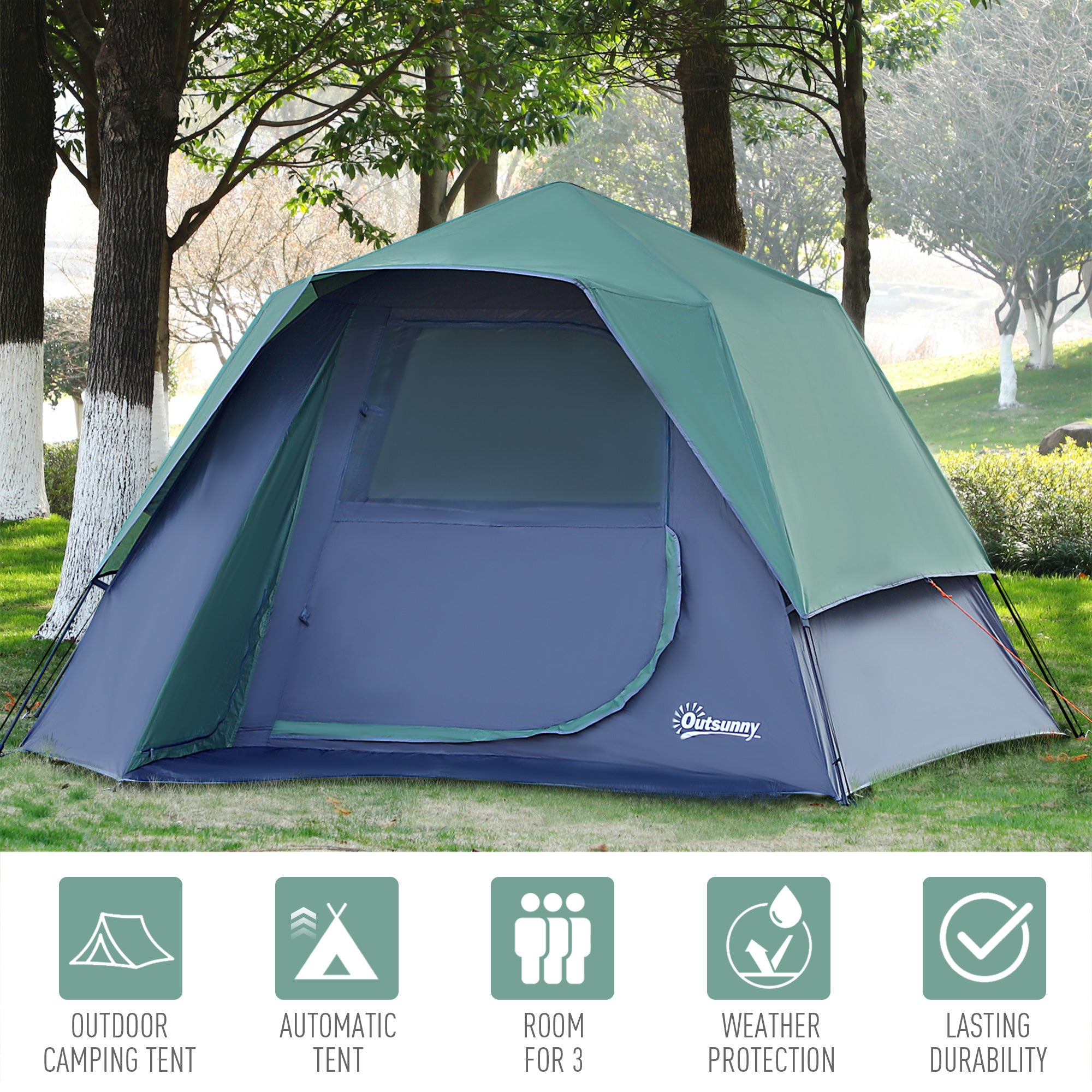 Outsunny Lightweight Camping Tent, 3/4 Person, Fibreglass Frame, Waterproof, Green