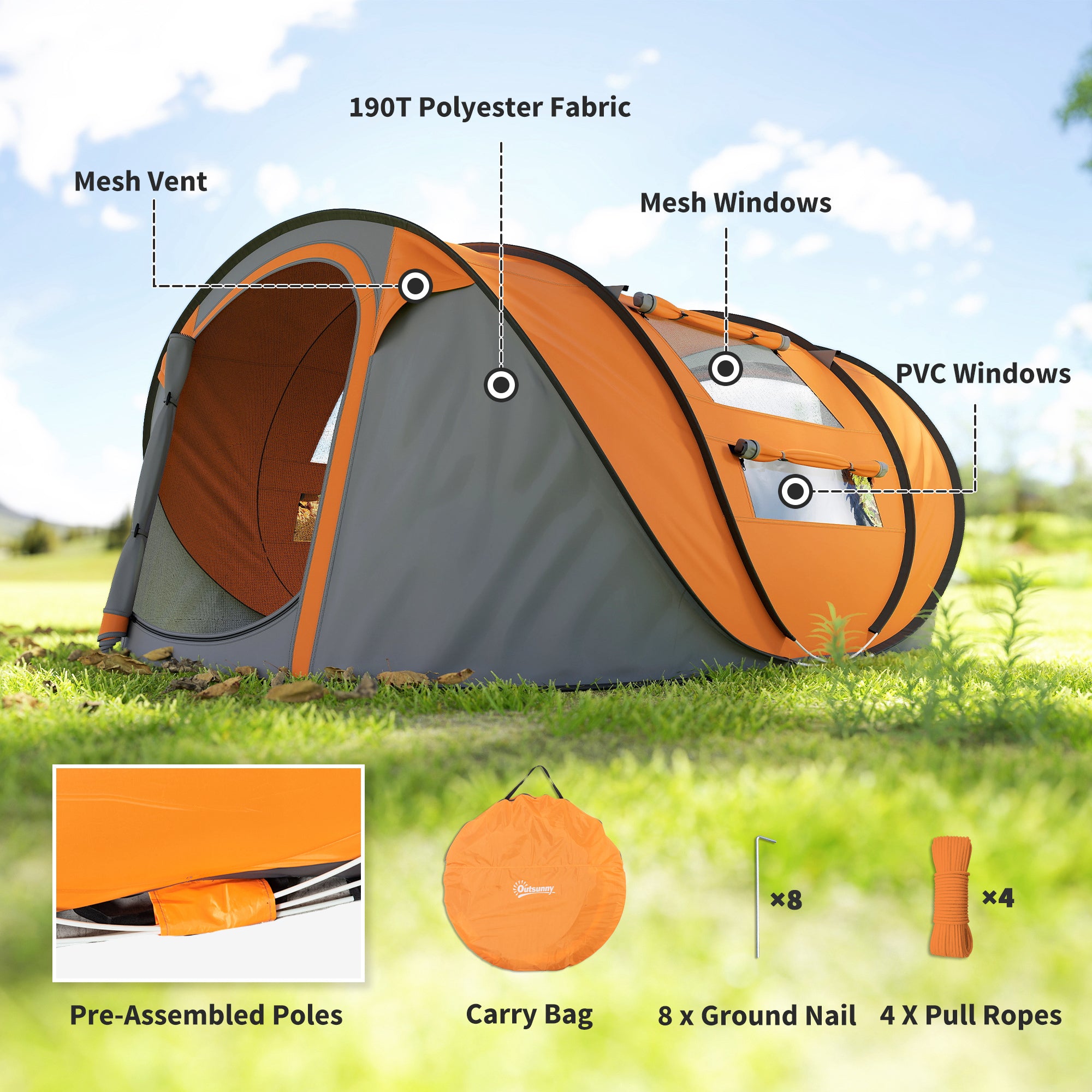 Kozy 4 Person Pop-up Camping Tent Family Tent with Ground Sheet, 4 Windows and Portable Carry Bag for Beach Outdoor Trip, Orange