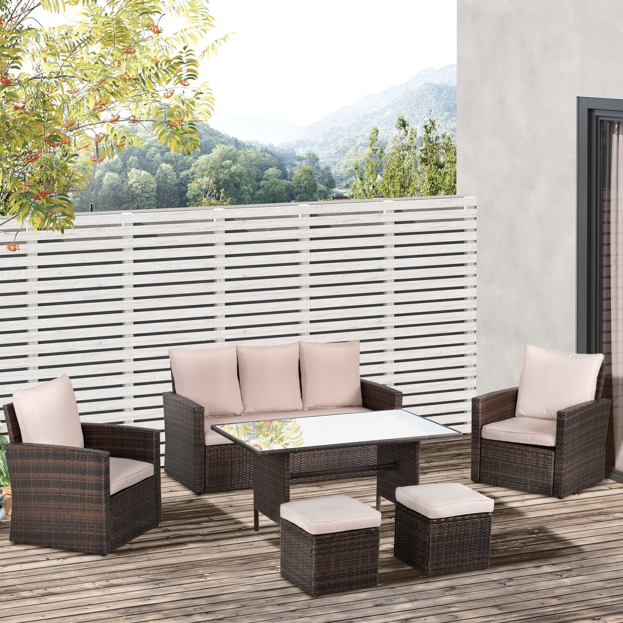 Kozy Six-Piece Rattan Sofa Set, with Glass-Top Table - Mixed Brown