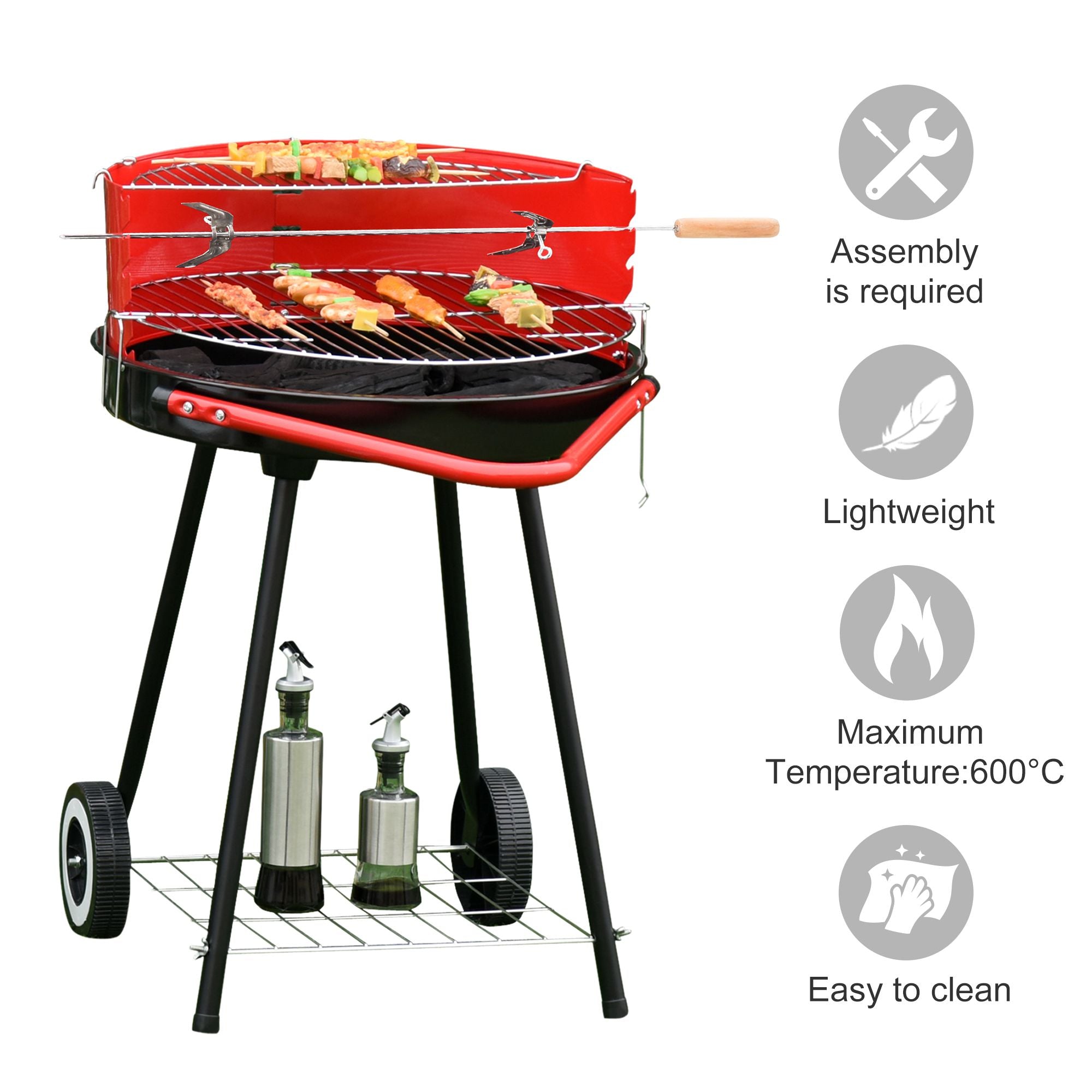 Outsunny Charcoal Barbecue Grill Garden BBQ Trolley w/ Adjustable Grill Pan Height, Wheels and 3 layers, Red