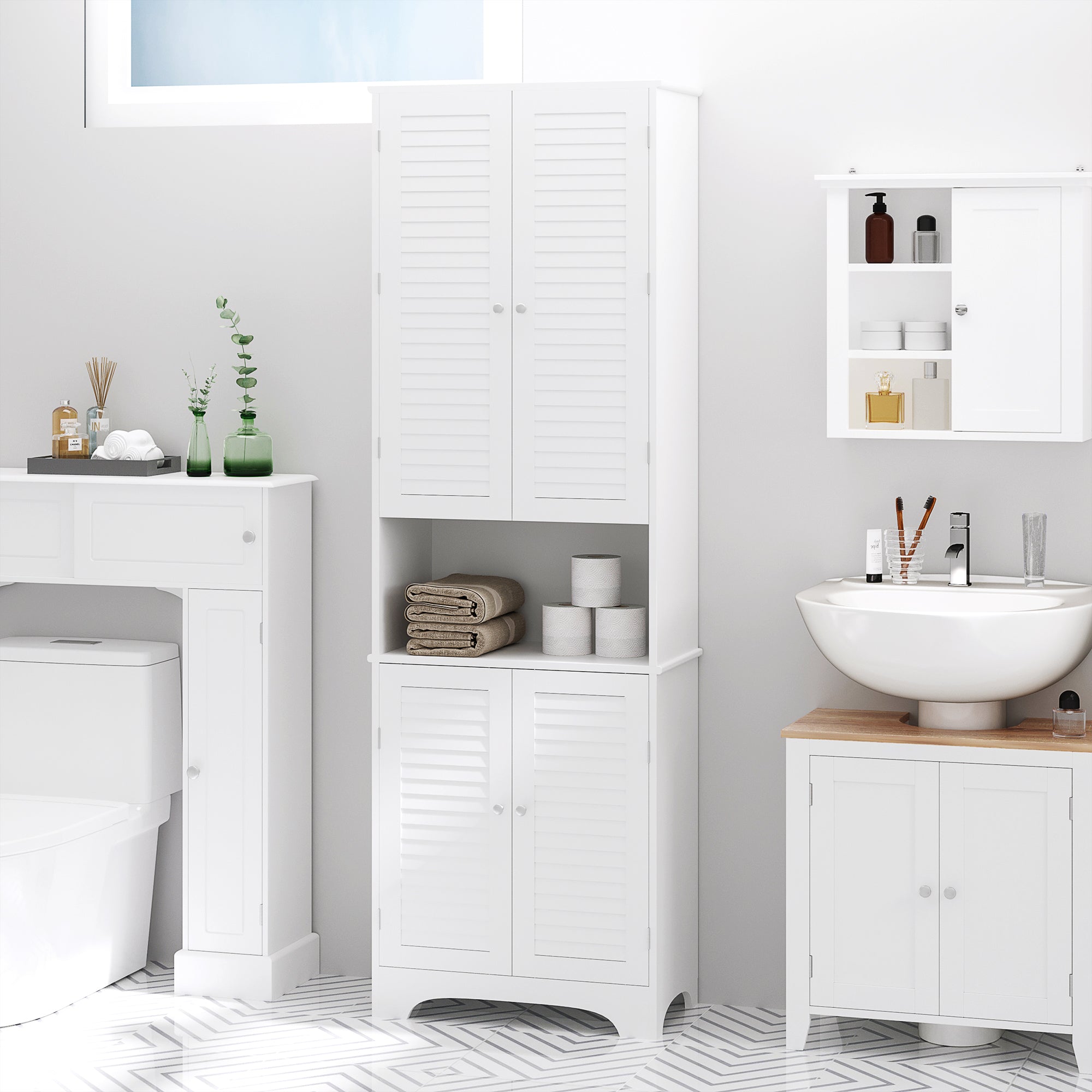 Kozy Tall Freestanding Bathroom Cabinet Retro Shutters w/ 3 Compartments Shelves Elevated Base Narrow Organiser White 60L x 30W x 182.5H cm