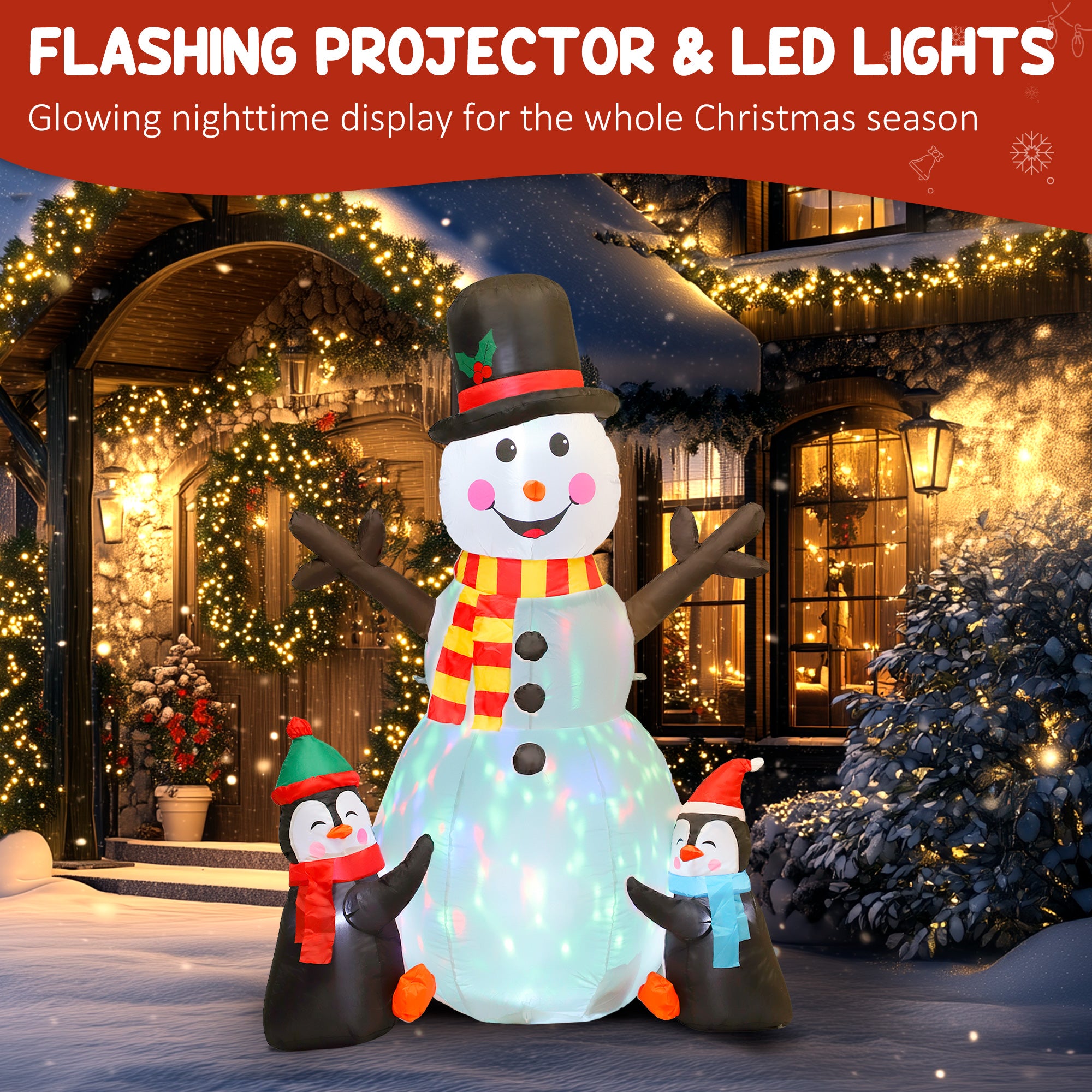Kozy - 6FT Christmas Inflatables Snowman & Penguins with Built-in LED Lights and Flashing Projector Light, Blow Up Christmas Inflatable Decoration for Indoor Outdoor Decor, Garden